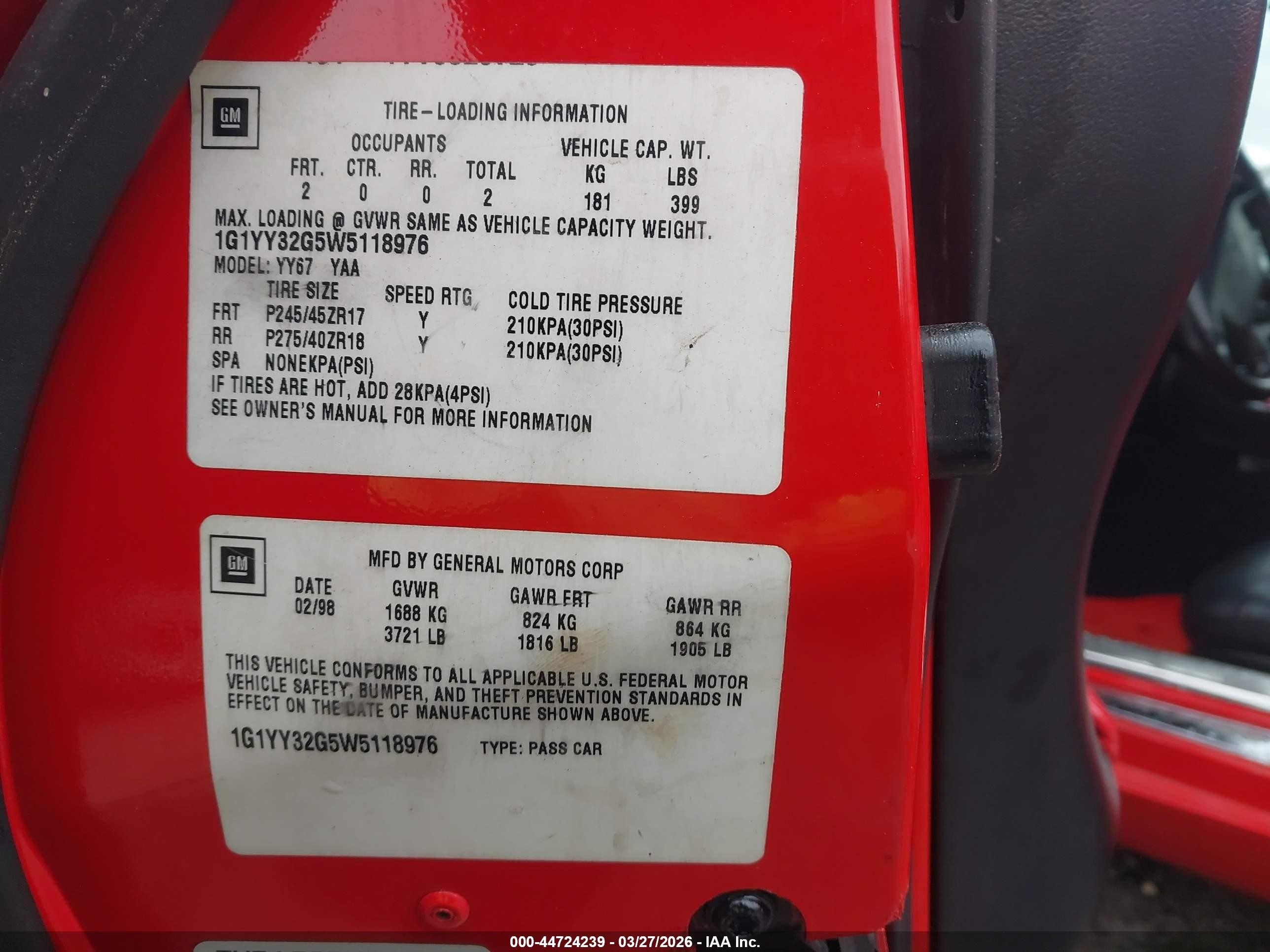 1998 Chevrolet Corvette   Red vin: 1G1YY32G5W5118976