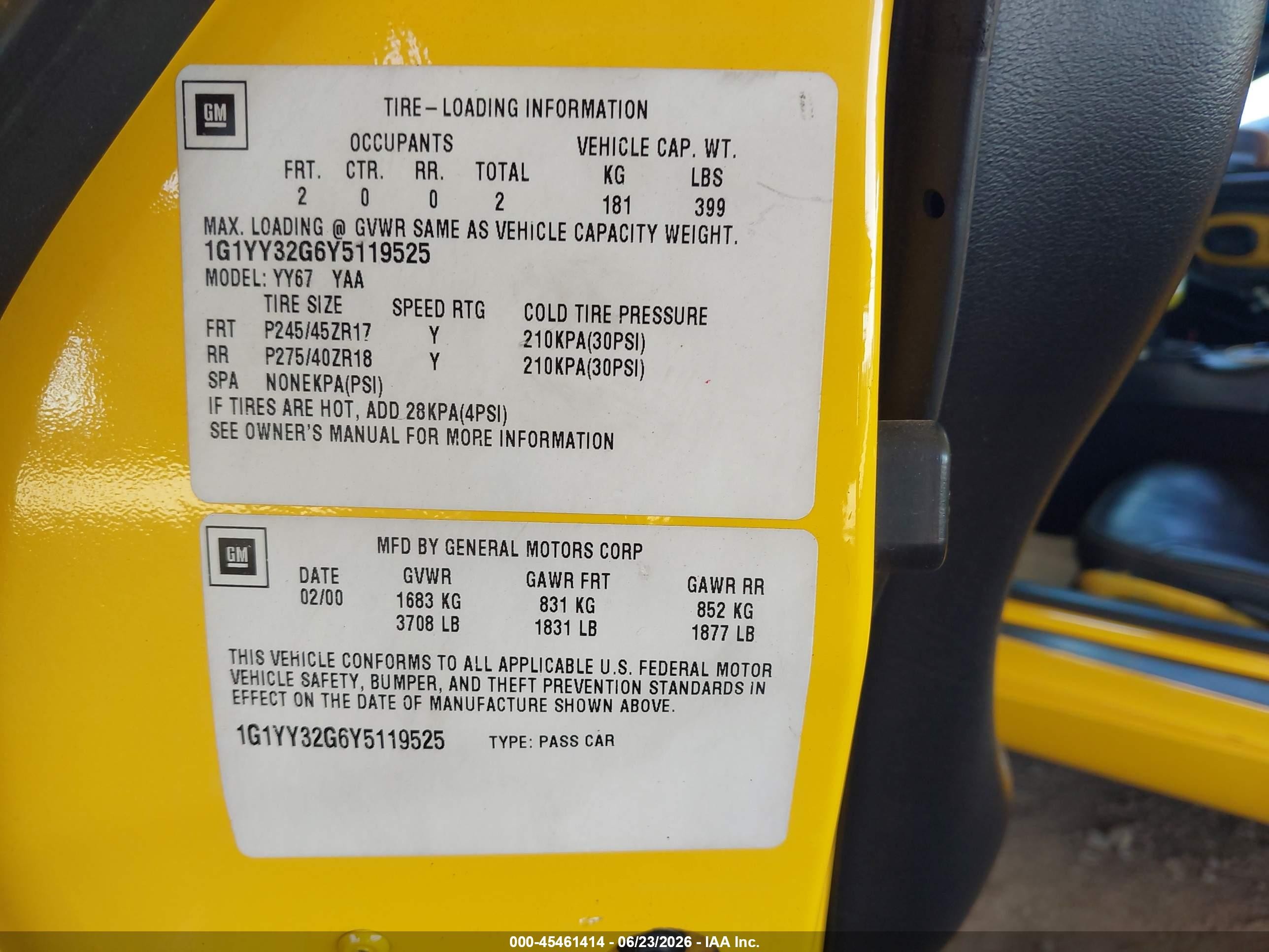 2000 Chevrolet Corvette Yellow vin: 1G1YY32G6Y5119525