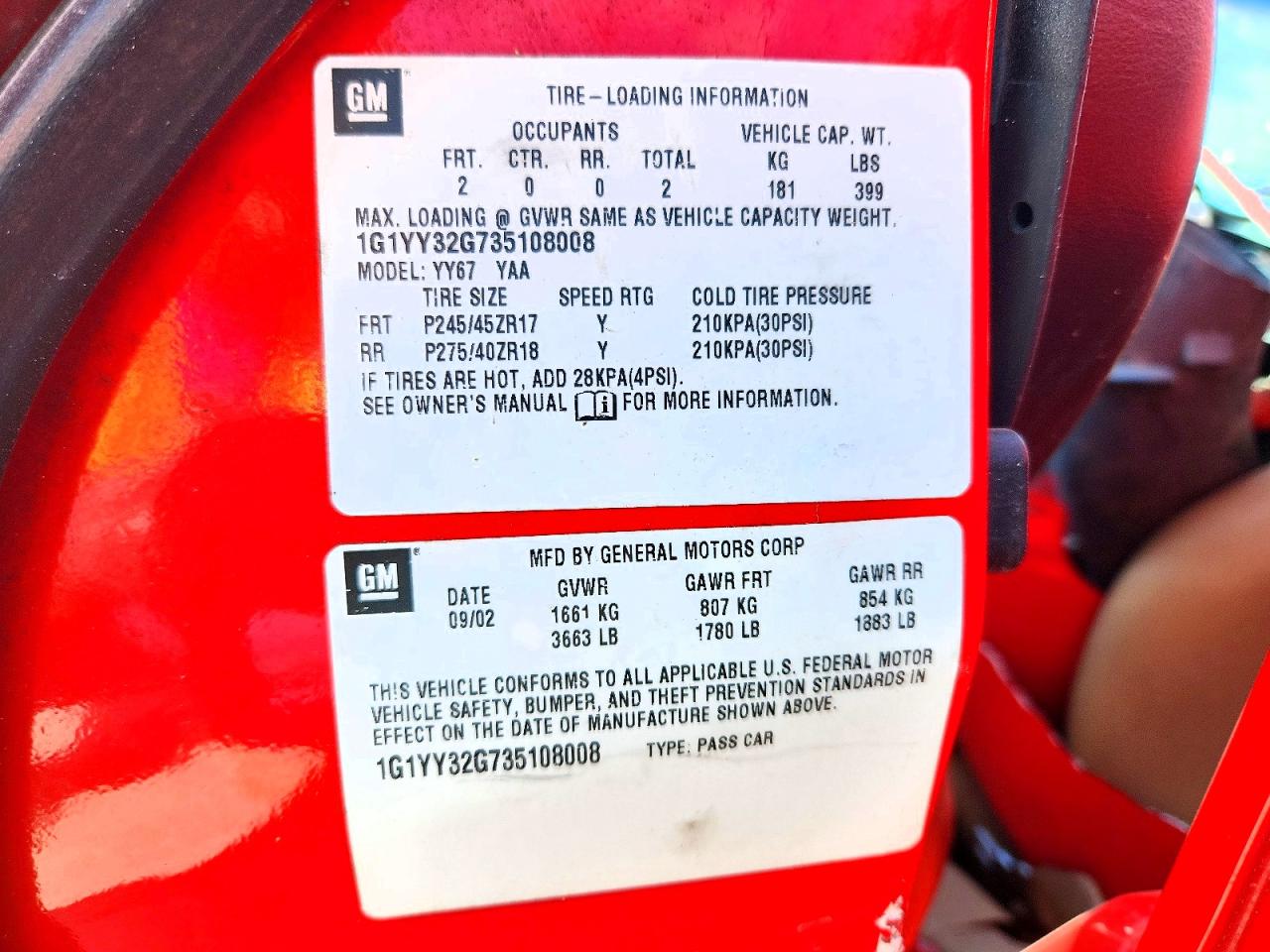 2003 Chevrolet Corvette Red vin: 1G1YY32G735108008