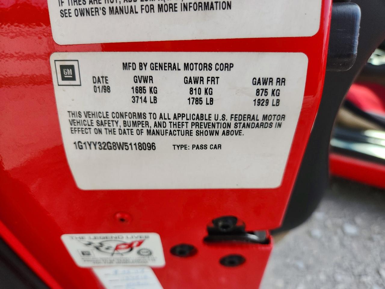 1998 Chevrolet Corvette Red vin: 1G1YY32G8W5118096