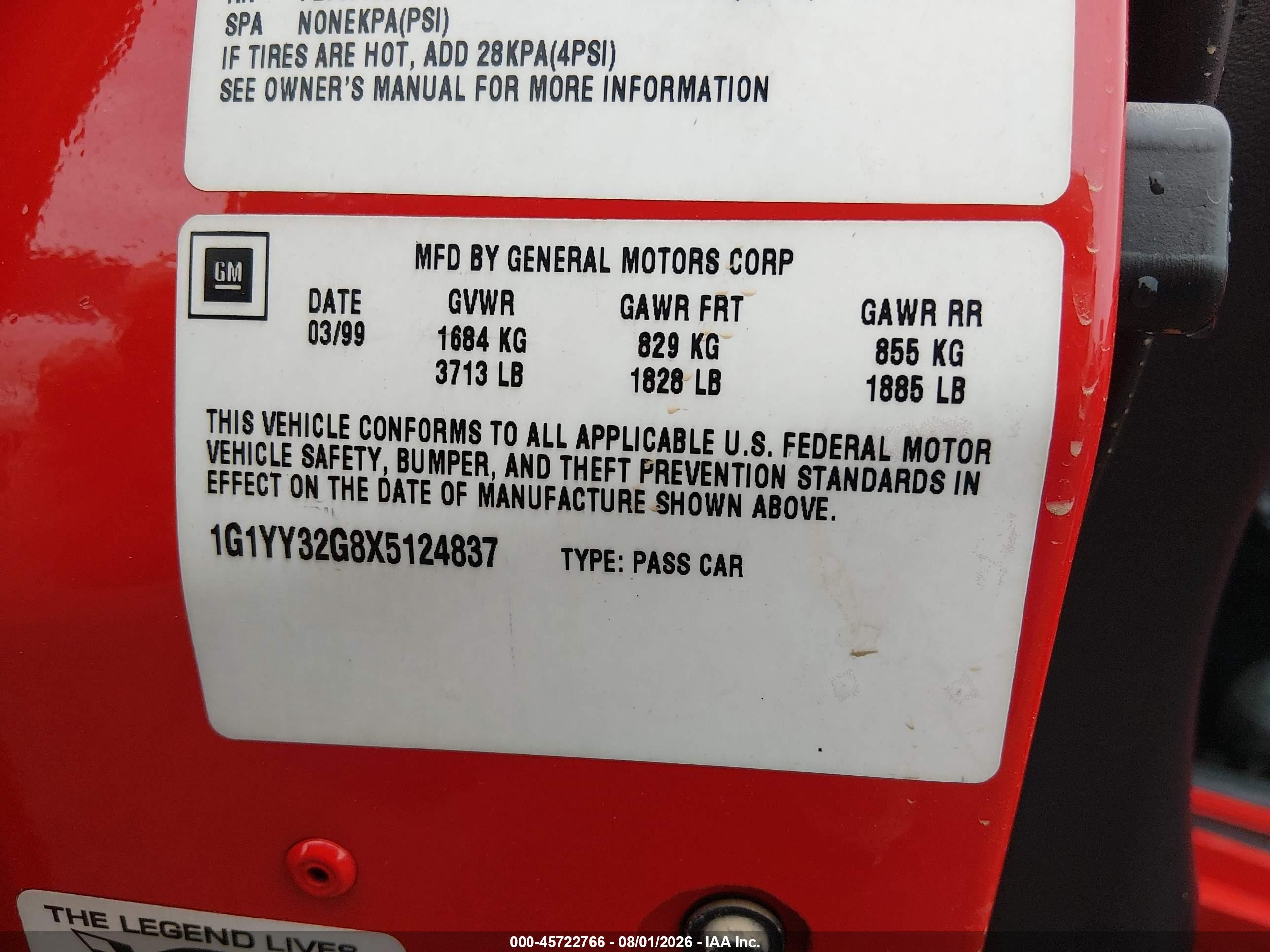 1999 Chevrolet Corvette   Red vin: 1G1YY32G8X5124837