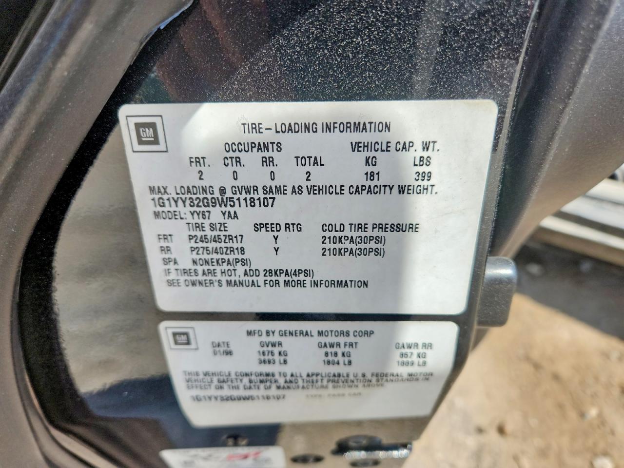 1998 Chevrolet Corvette Черный vin: 1G1YY32G9W5118107
