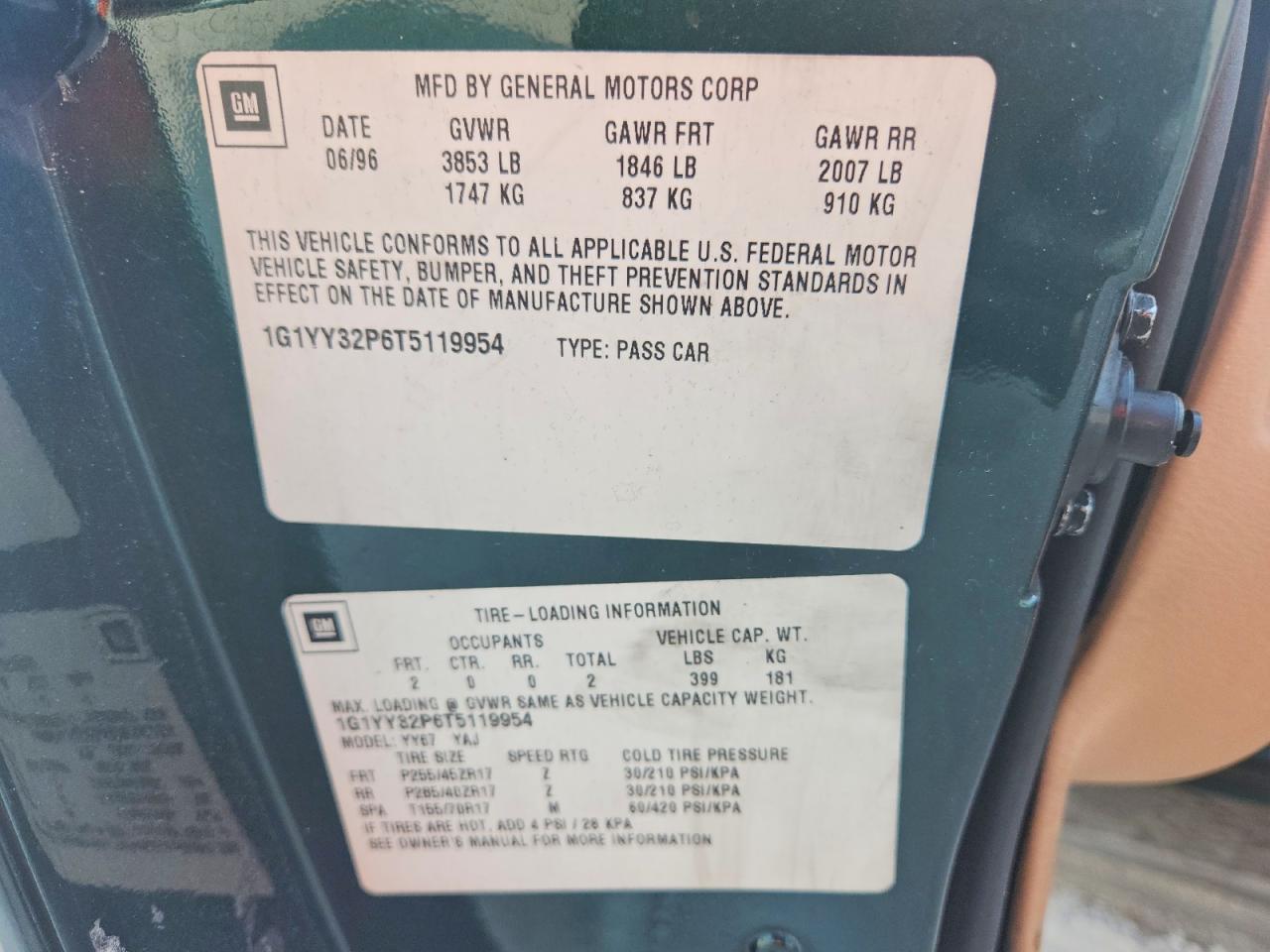 1996 Chevrolet Corvette Green vin: 1G1YY32P6T5119954