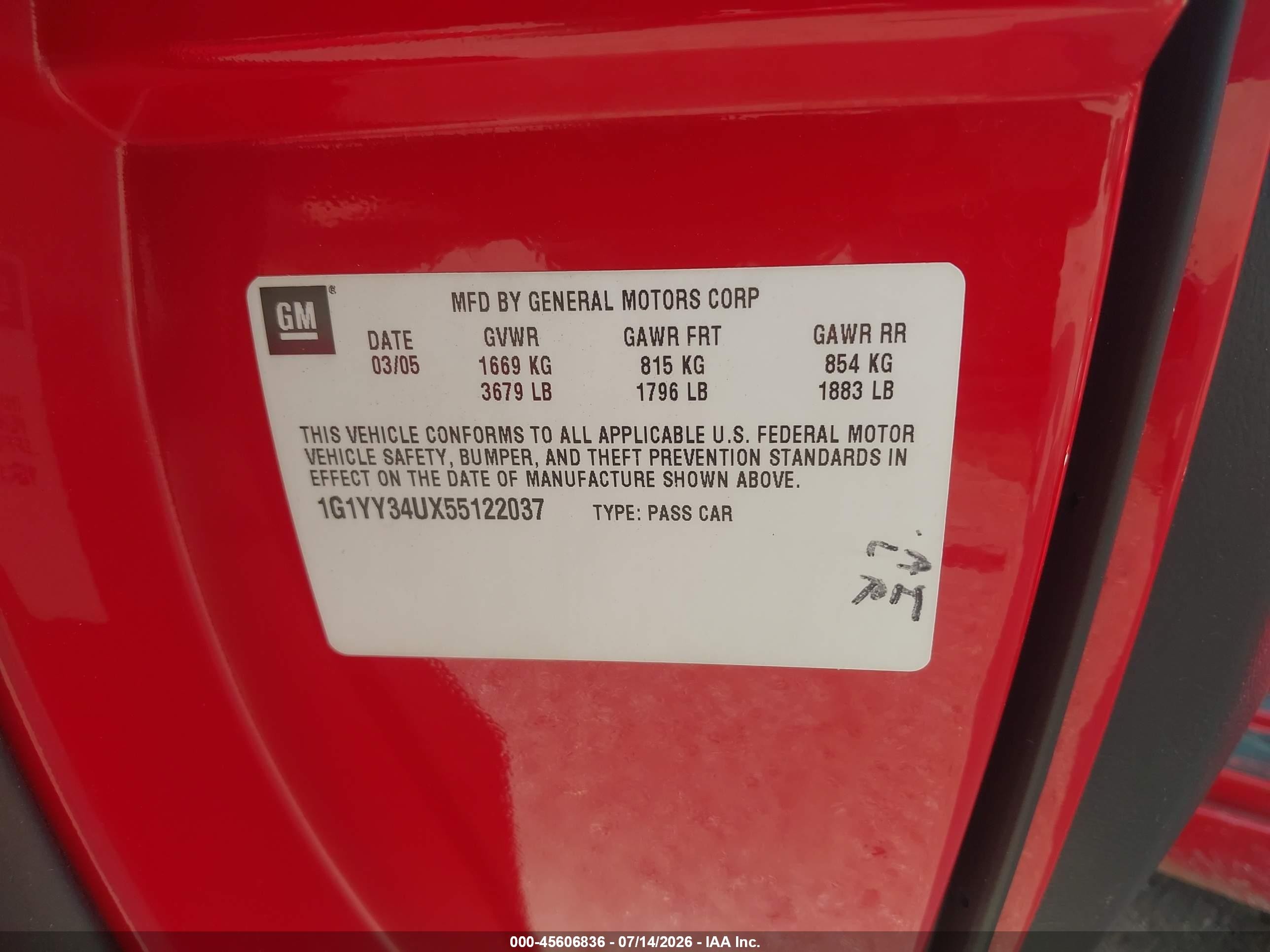 2005 Chevrolet Corvette   Red vin: 1G1YY34UX55122037