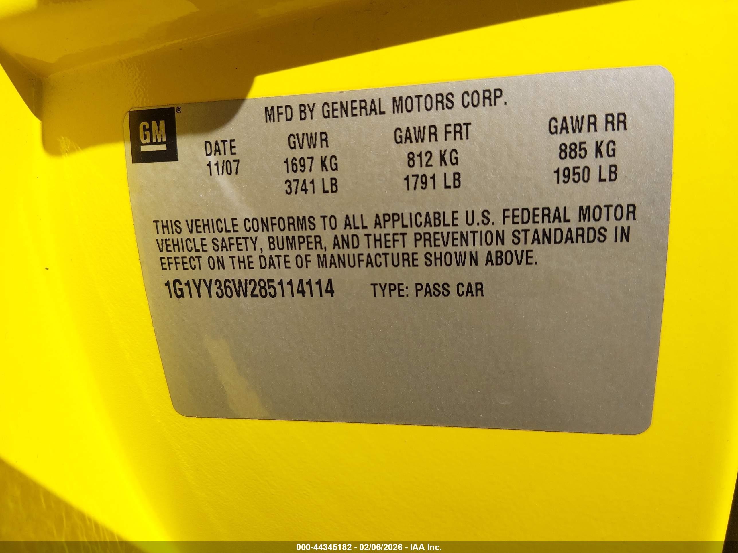 2008 Chevrolet Corvette Yellow vin: 1G1YY36W285114114