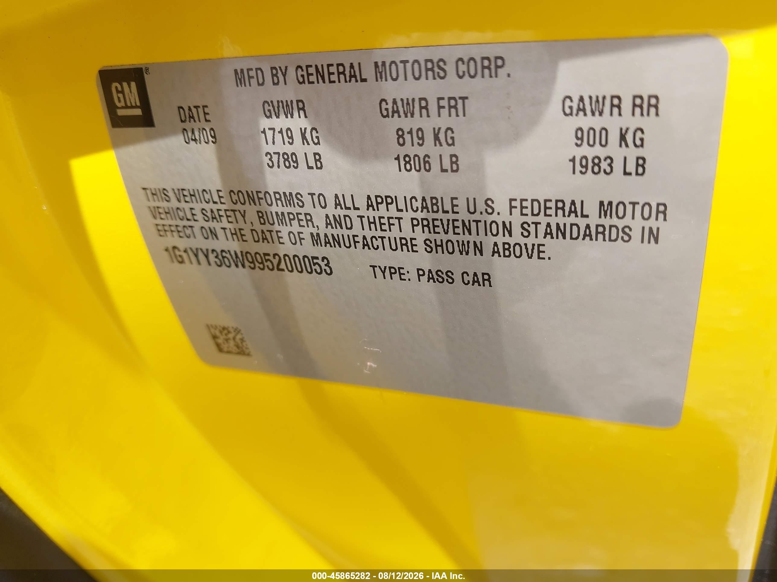 2009 Chevrolet Corvette   Yellow vin: 1G1YY36W995200053