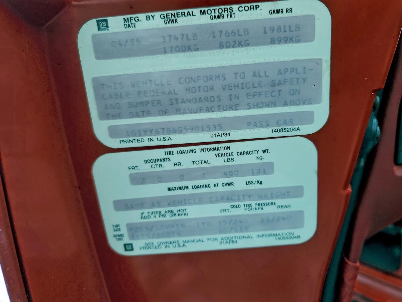 1986 Chevrolet Corvette Красный vin: 1G1YY6786G5901535