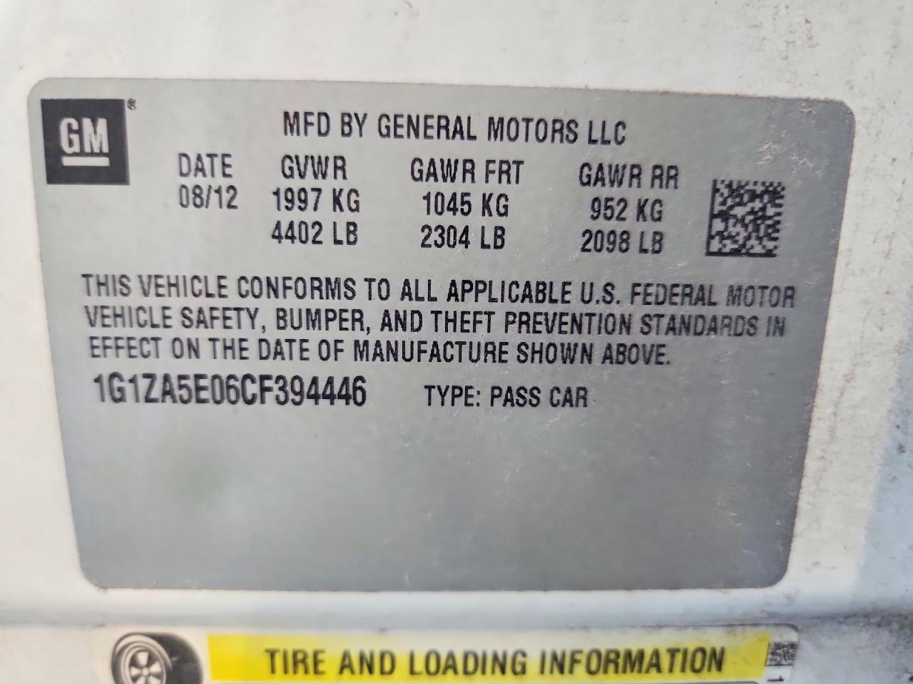2012 Chevrolet Malibu Ls White vin: 1G1ZA5E06CF394446