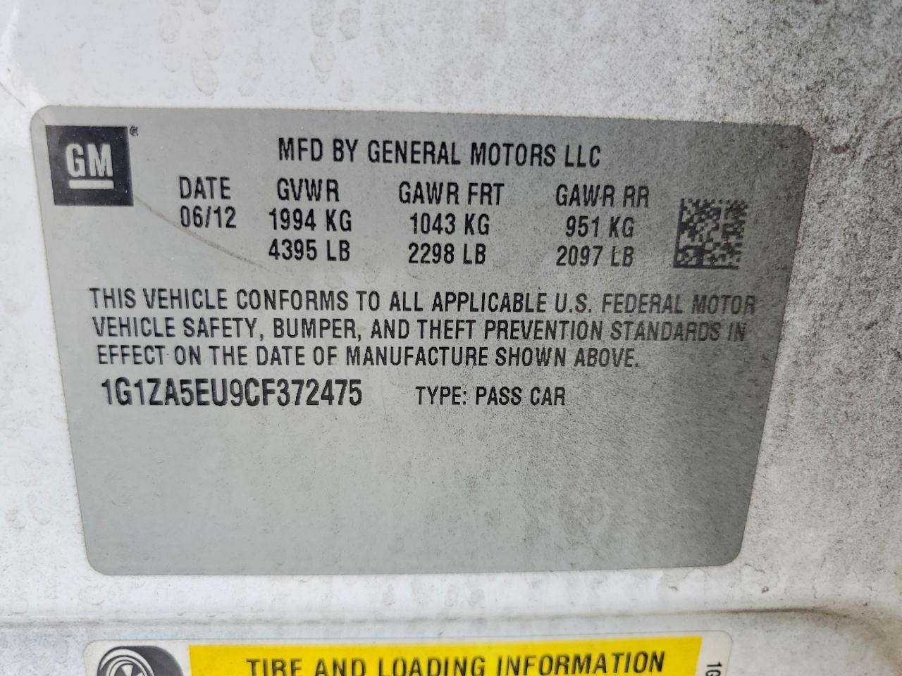 2012 Chevrolet Malibu Ls White vin: 1G1ZA5EU9CF372475