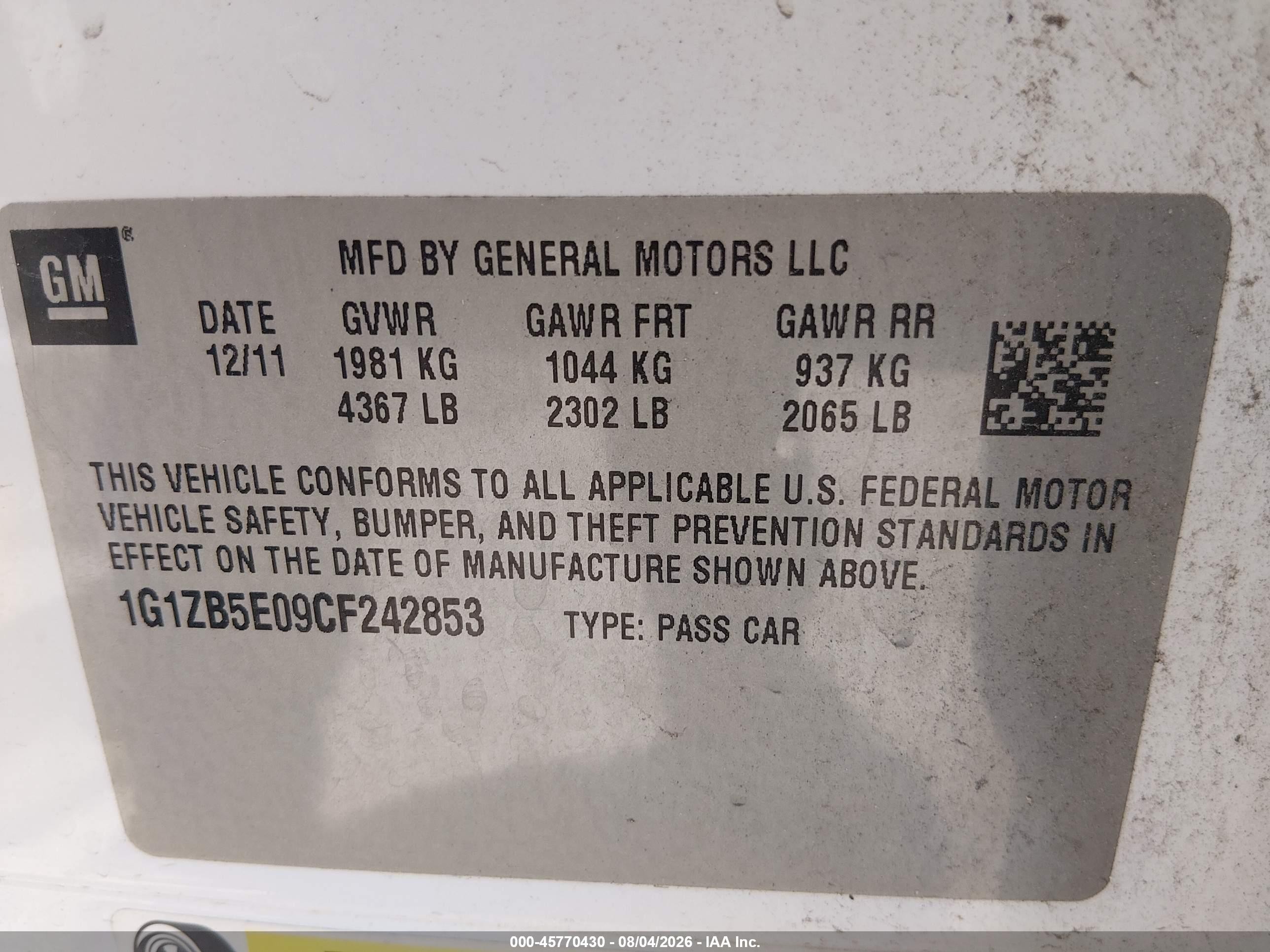 2012 Chevrolet Malibu Ls White vin: 1G1ZB5E09CF242853