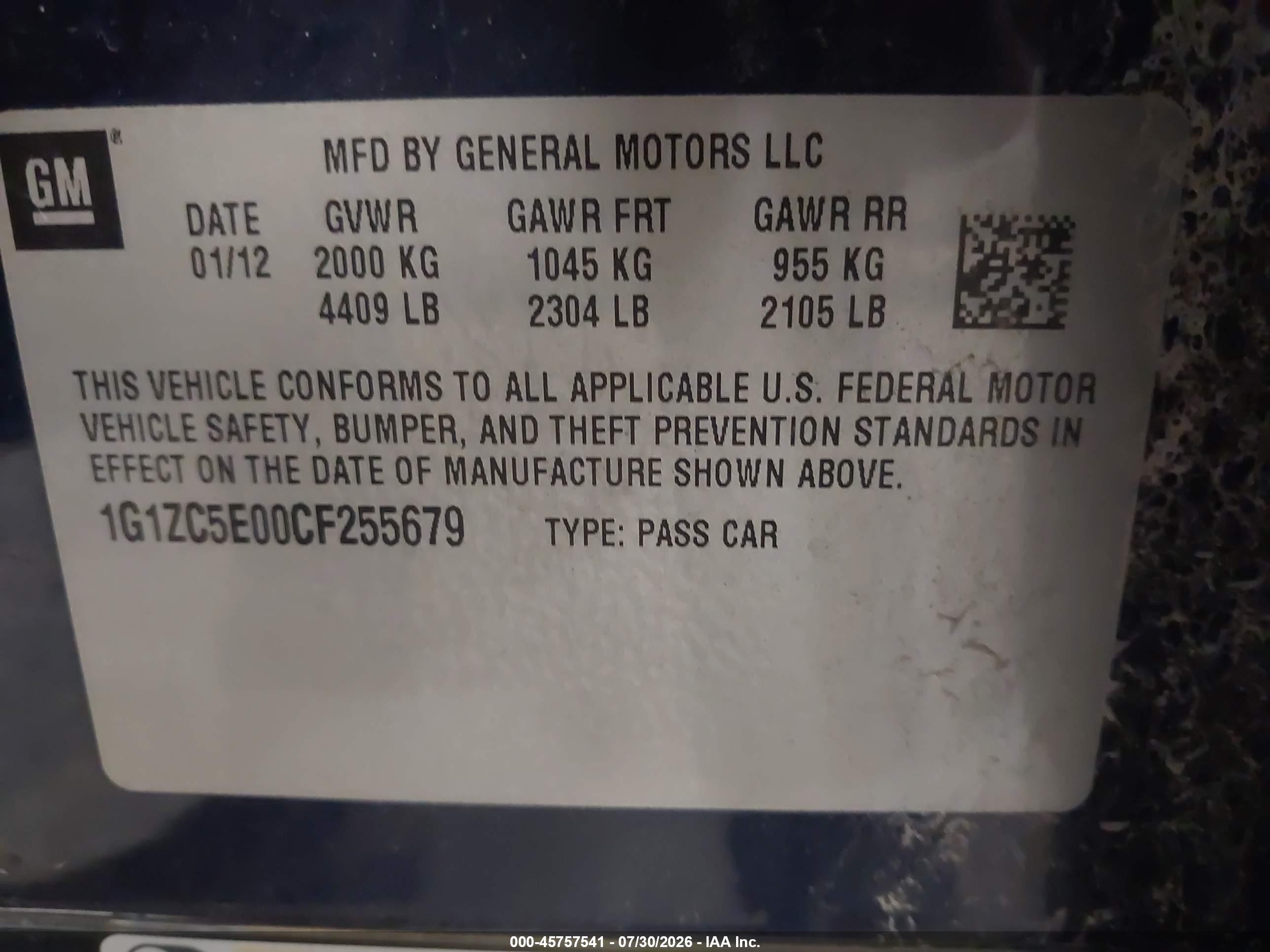 2012 Chevrolet Malibu 1lt Blue vin: 1G1ZC5E00CF255679