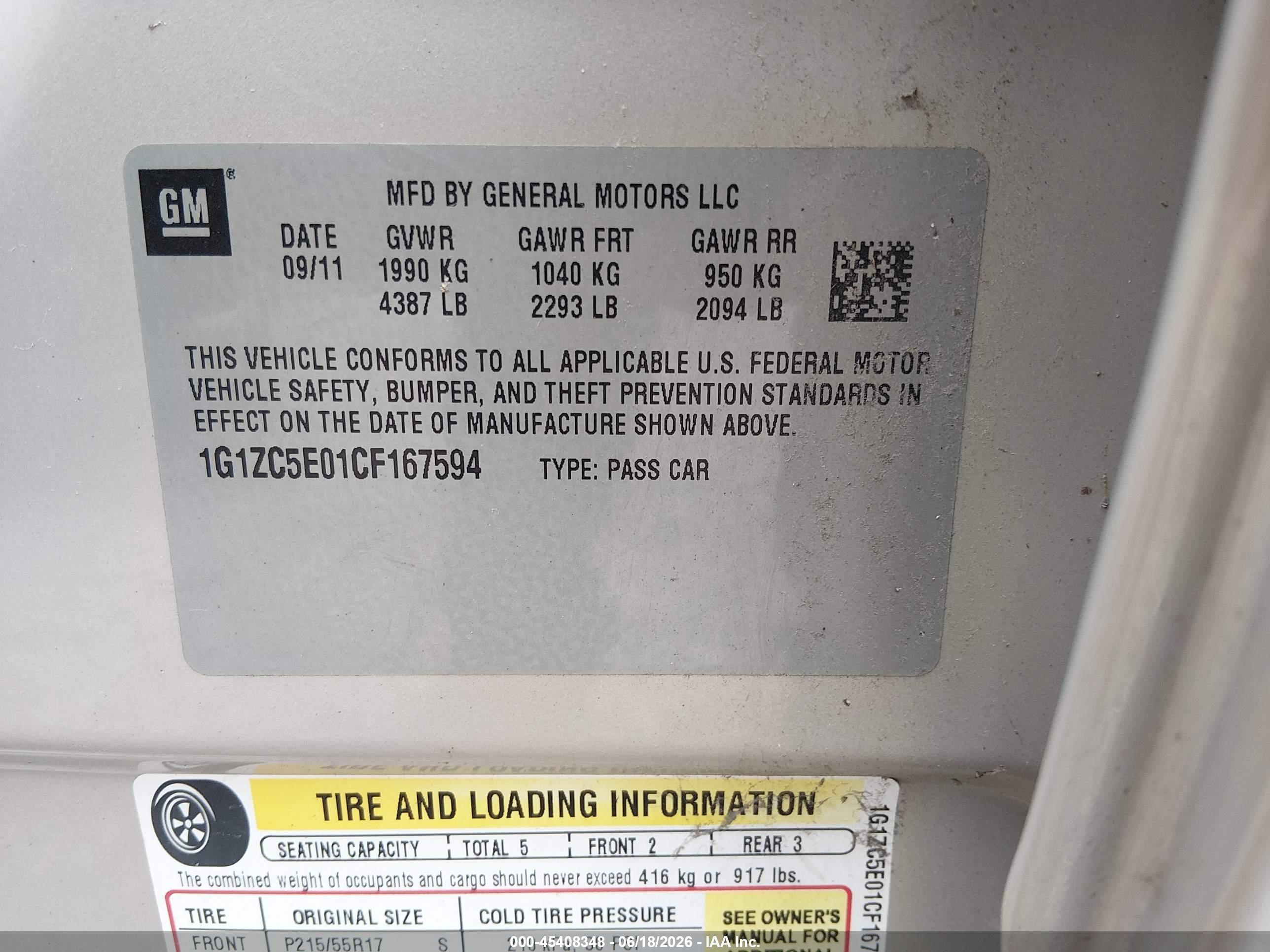 2012 Chevrolet Malibu 1lt Champagne vin: 1G1ZC5E01CF167594