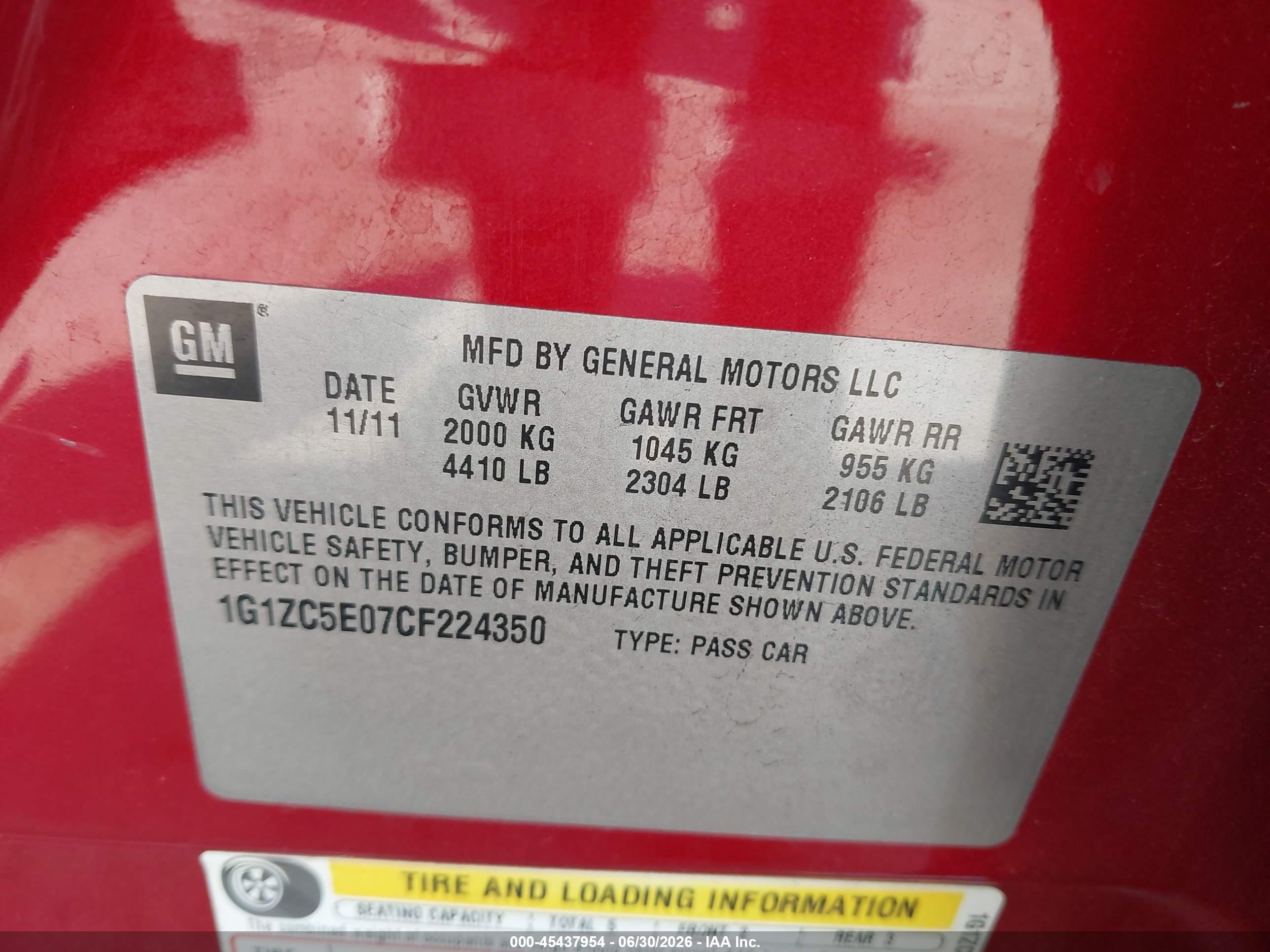 2012 Chevrolet Malibu 1lt Red vin: 1G1ZC5E07CF224350