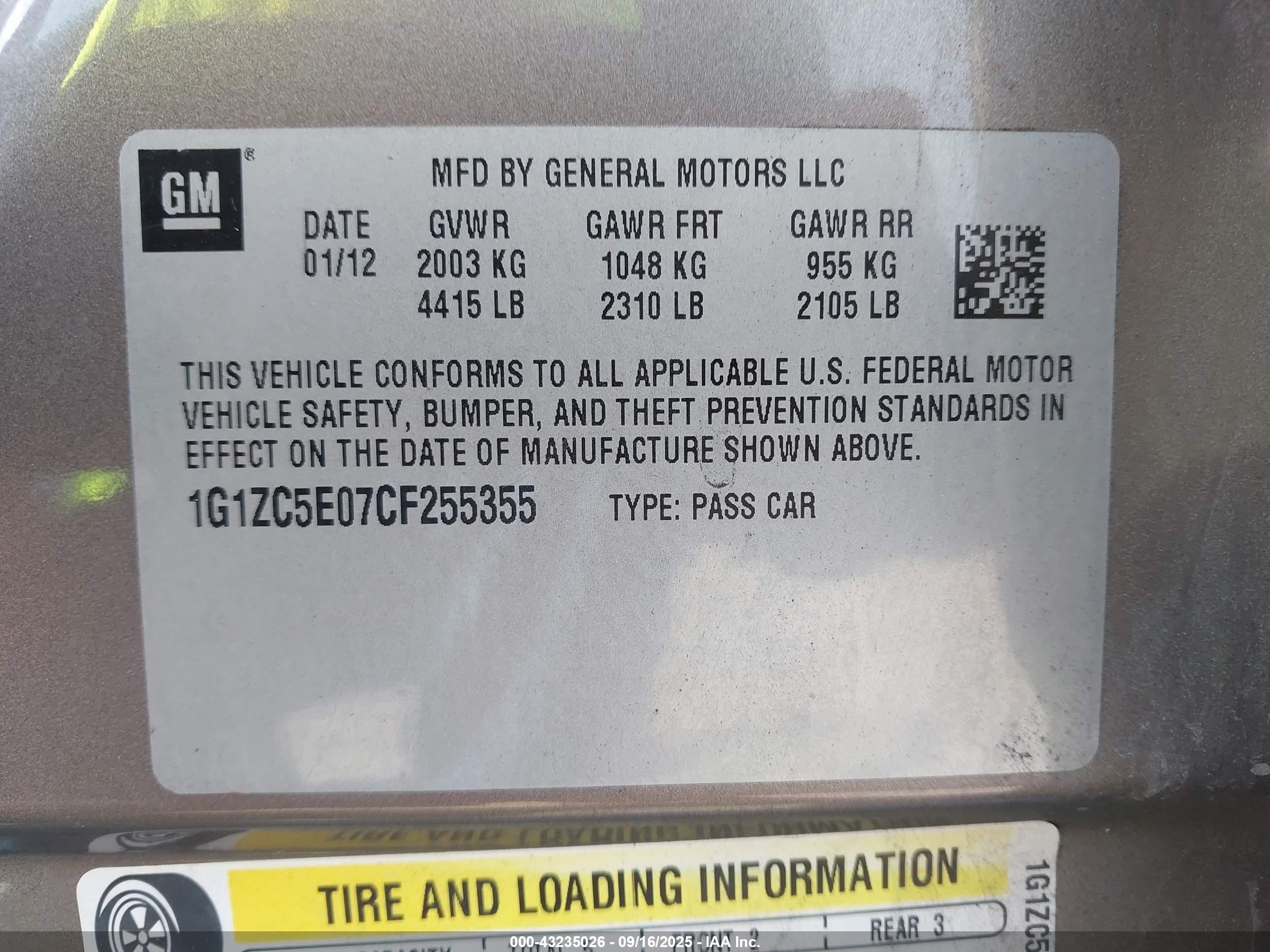 2012 Chevrolet Malibu 1lt Tan vin: 1G1ZC5E07CF255355