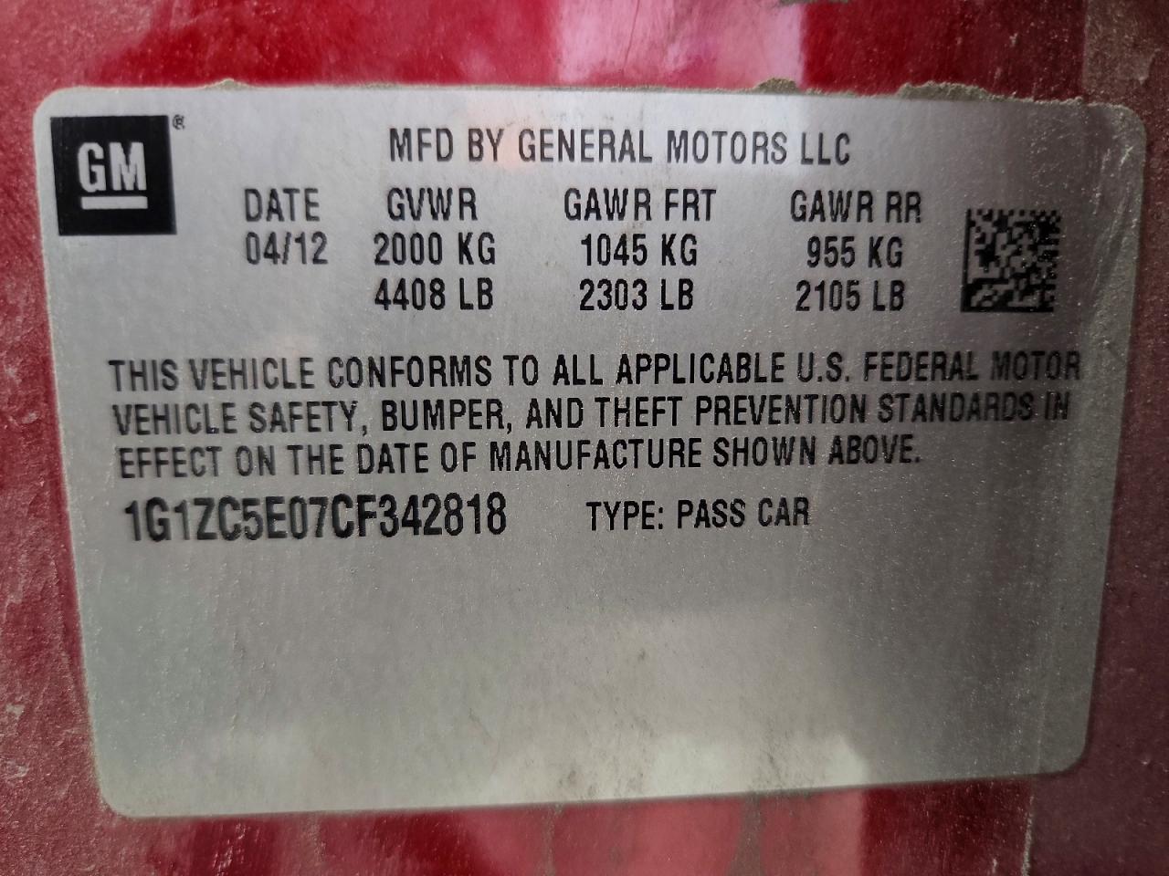 2012 Chevrolet Malibu 1lt Burgundy vin: 1G1ZC5E07CF342818