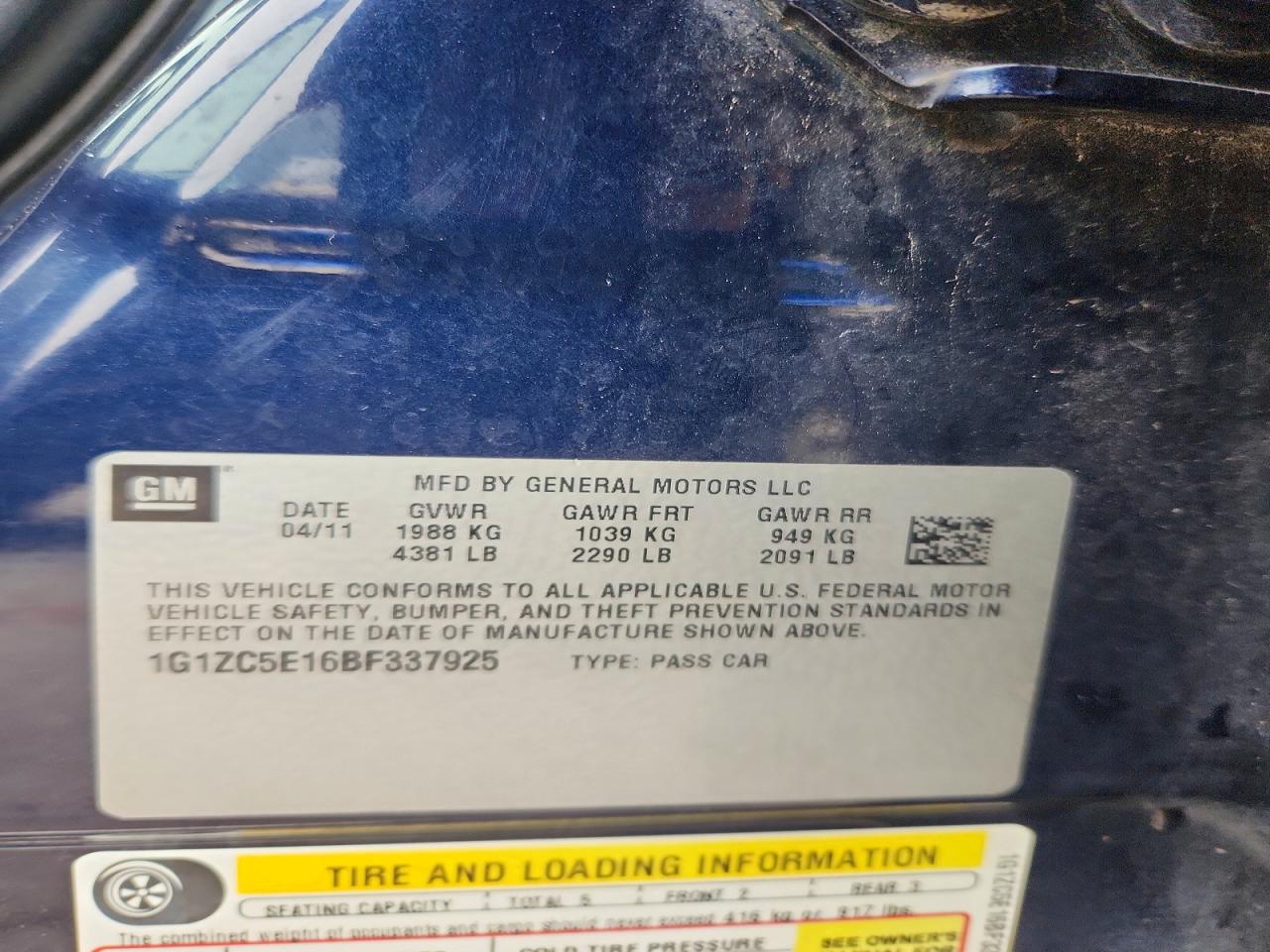 2011 Chevrolet Malibu 1lt Синий vin: 1G1ZC5E16BF337925