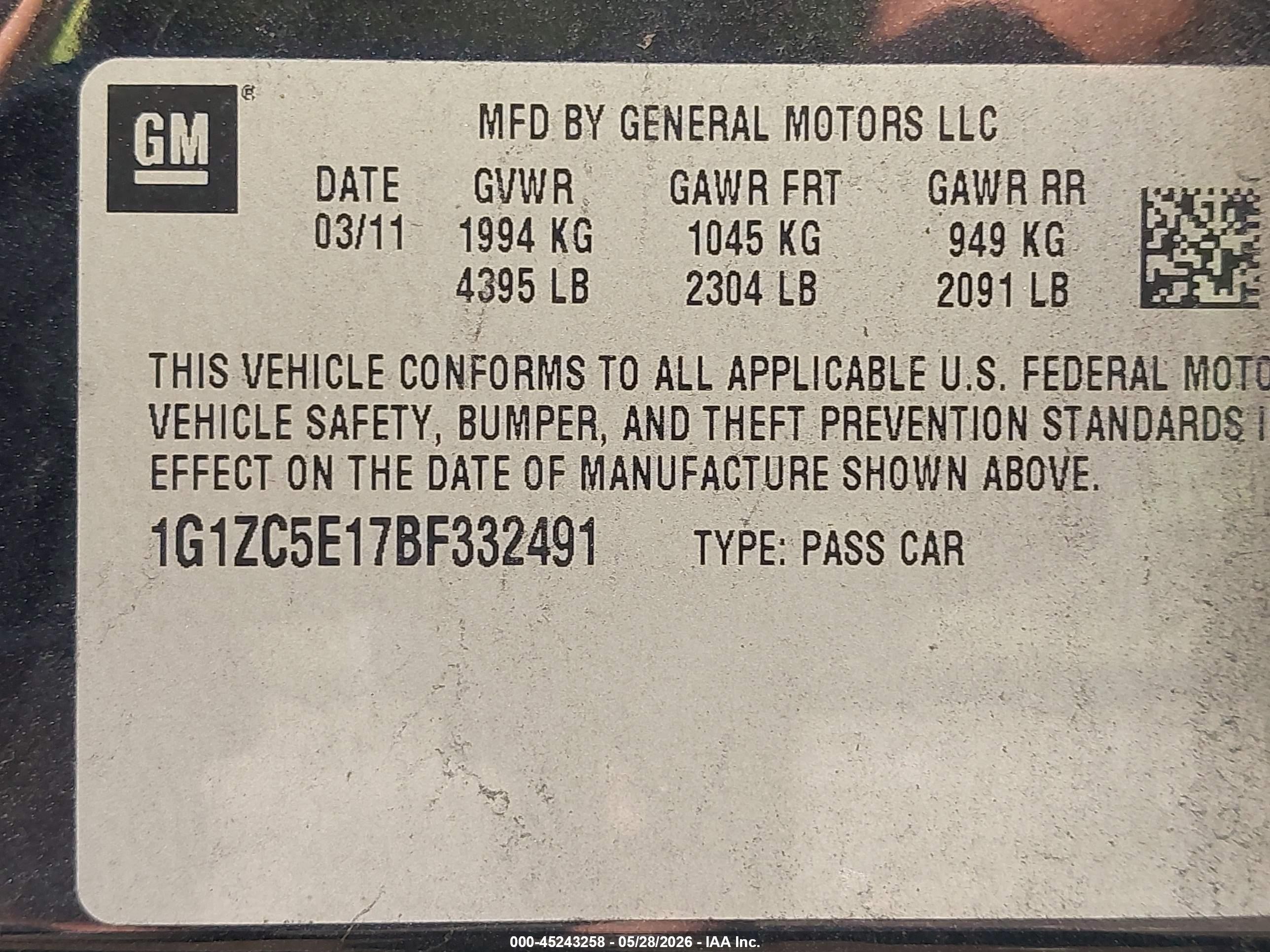 2011 Chevrolet Malibu 1lt Черный vin: 1G1ZC5E17BF332491