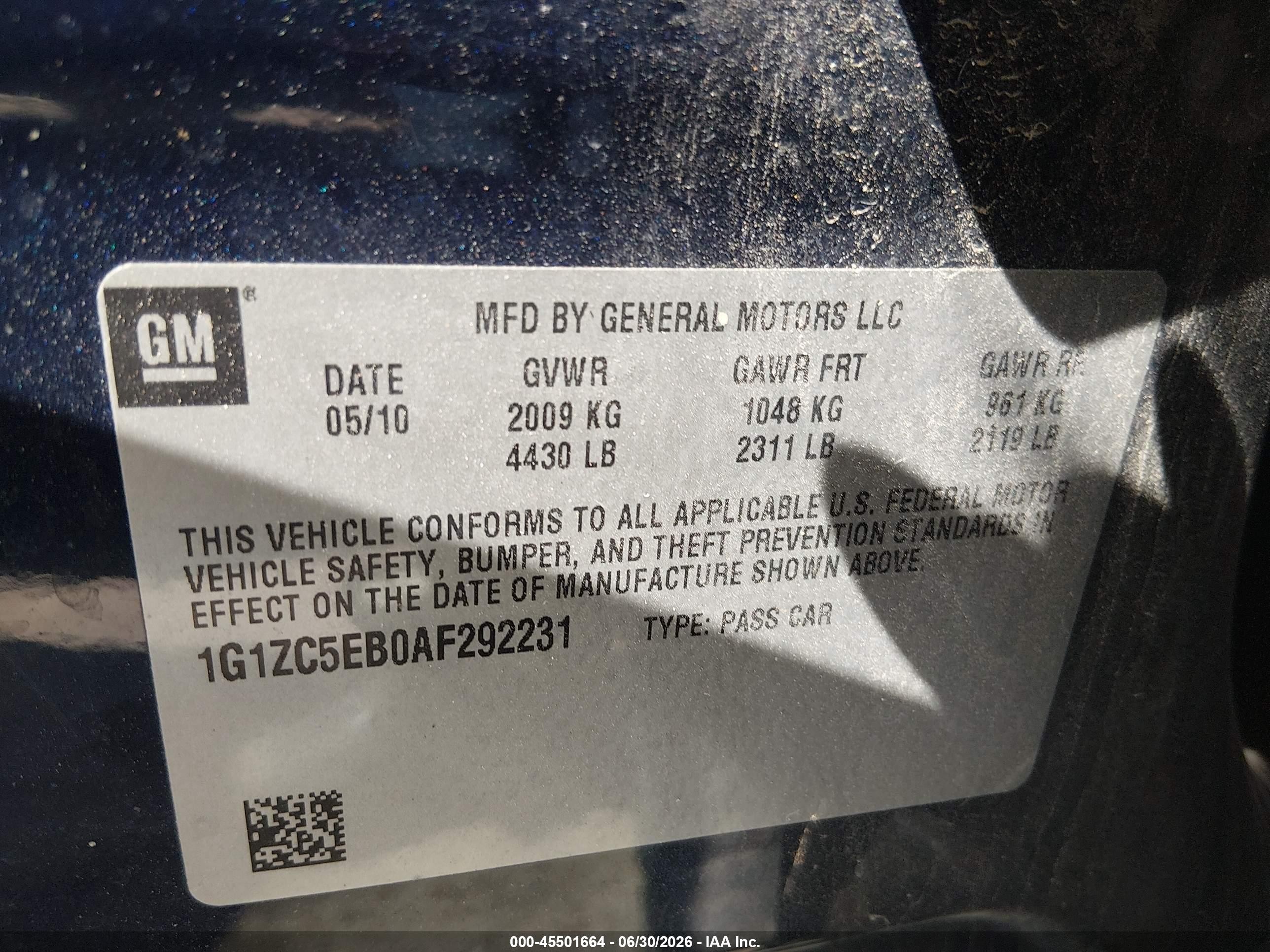 2010 Chevrolet Malibu Lt Navy vin: 1G1ZC5EB0AF292231