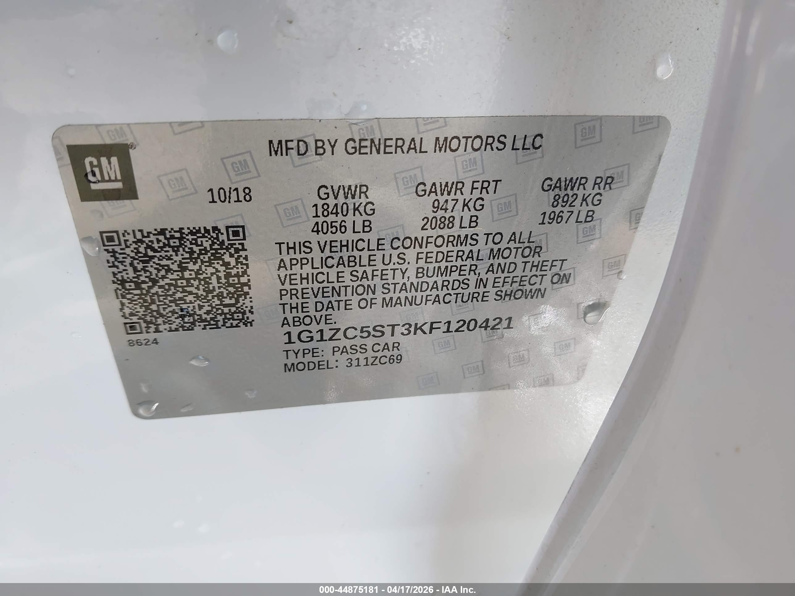 2019 Chevrolet Malibu 1fl Белый vin: 1G1ZC5ST3KF120421