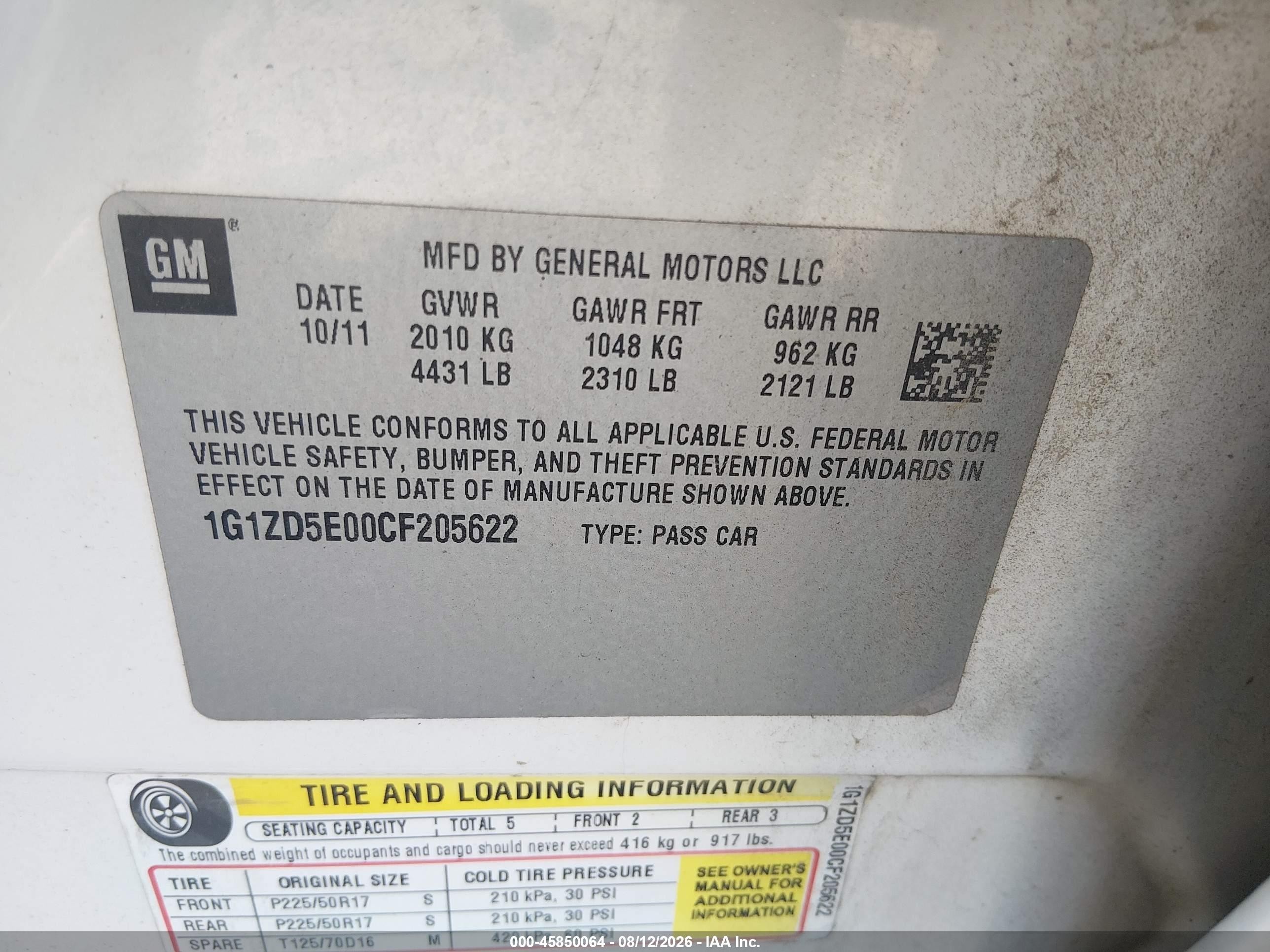 2012 Chevrolet Malibu 2lt Белый vin: 1G1ZD5E00CF205622