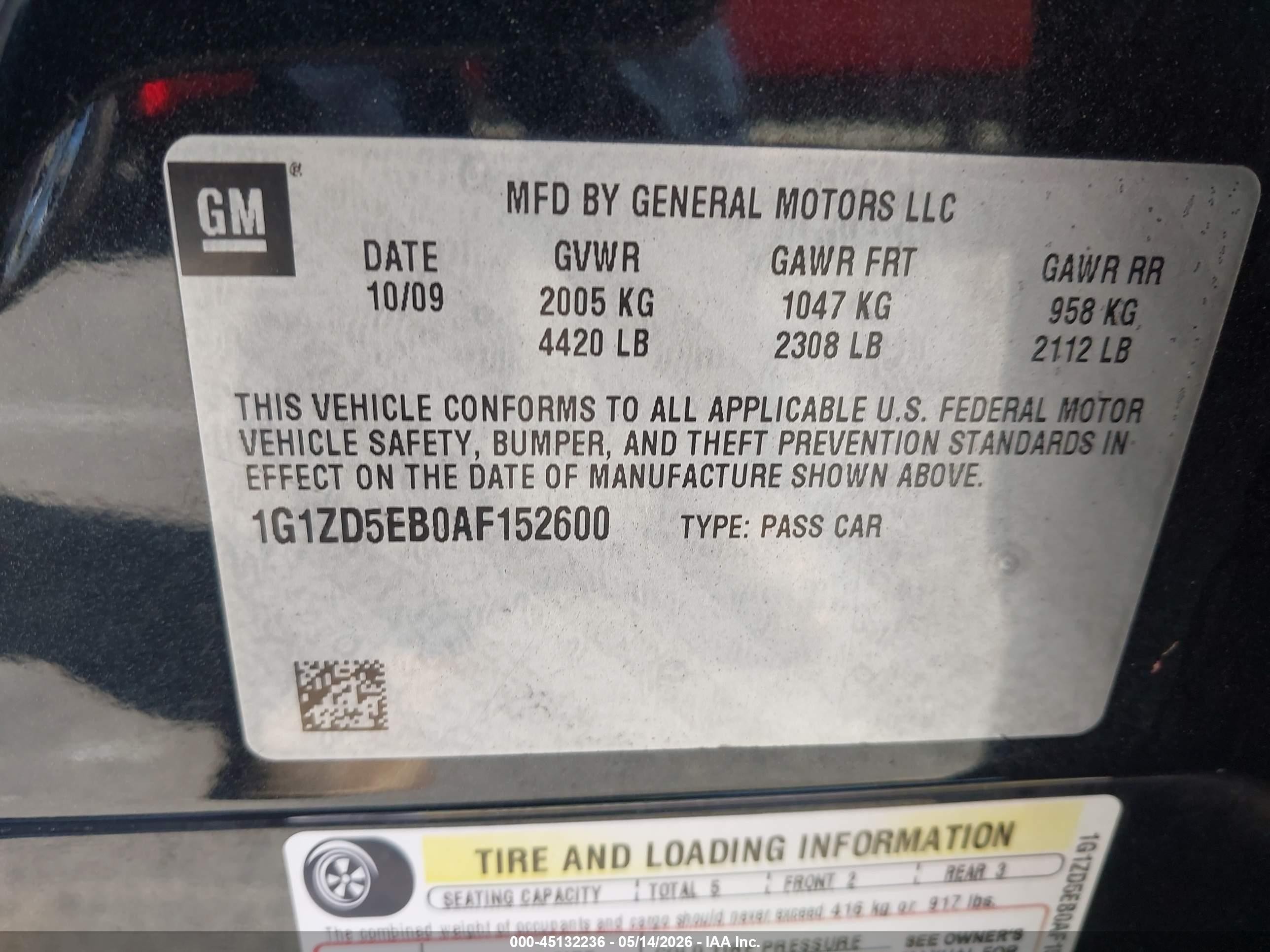 2010 Chevrolet Malibu Lt Black vin: 1G1ZD5EB0AF152600