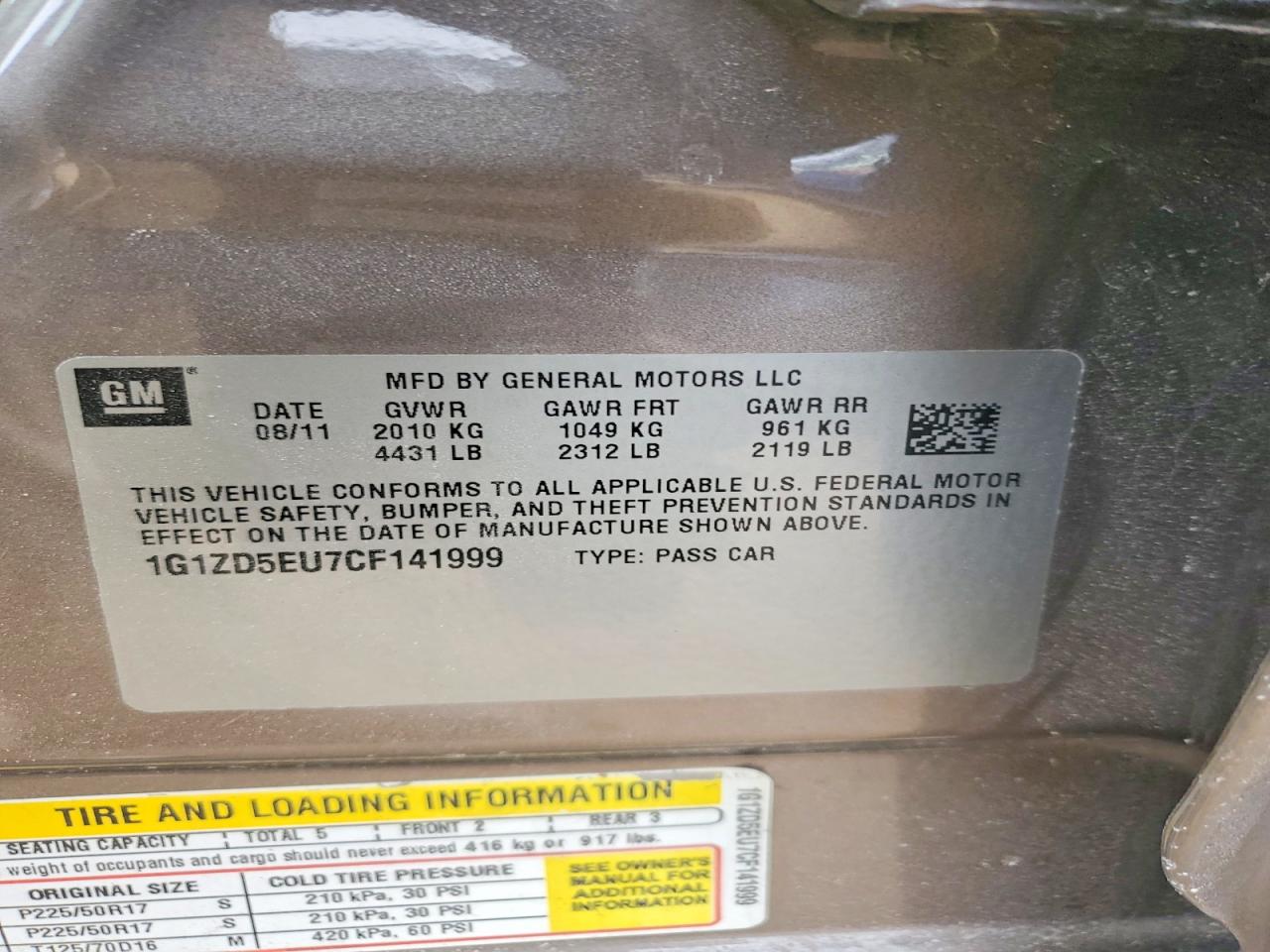 2012 Chevrolet Malibu 2lt Tan vin: 1G1ZD5EU7CF141999