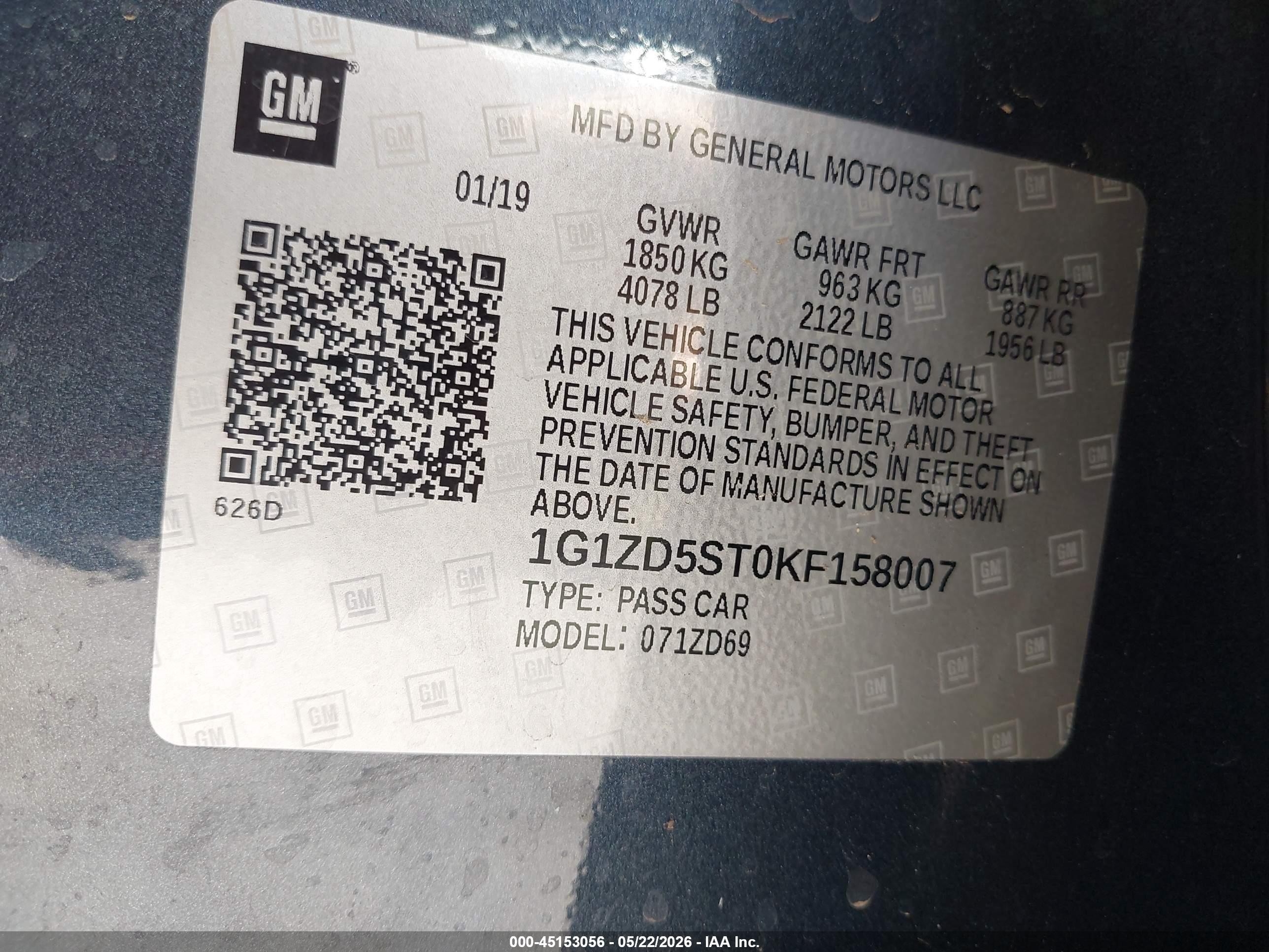 2019 Chevrolet Malibu Lt Синий vin: 1G1ZD5ST0KF158007