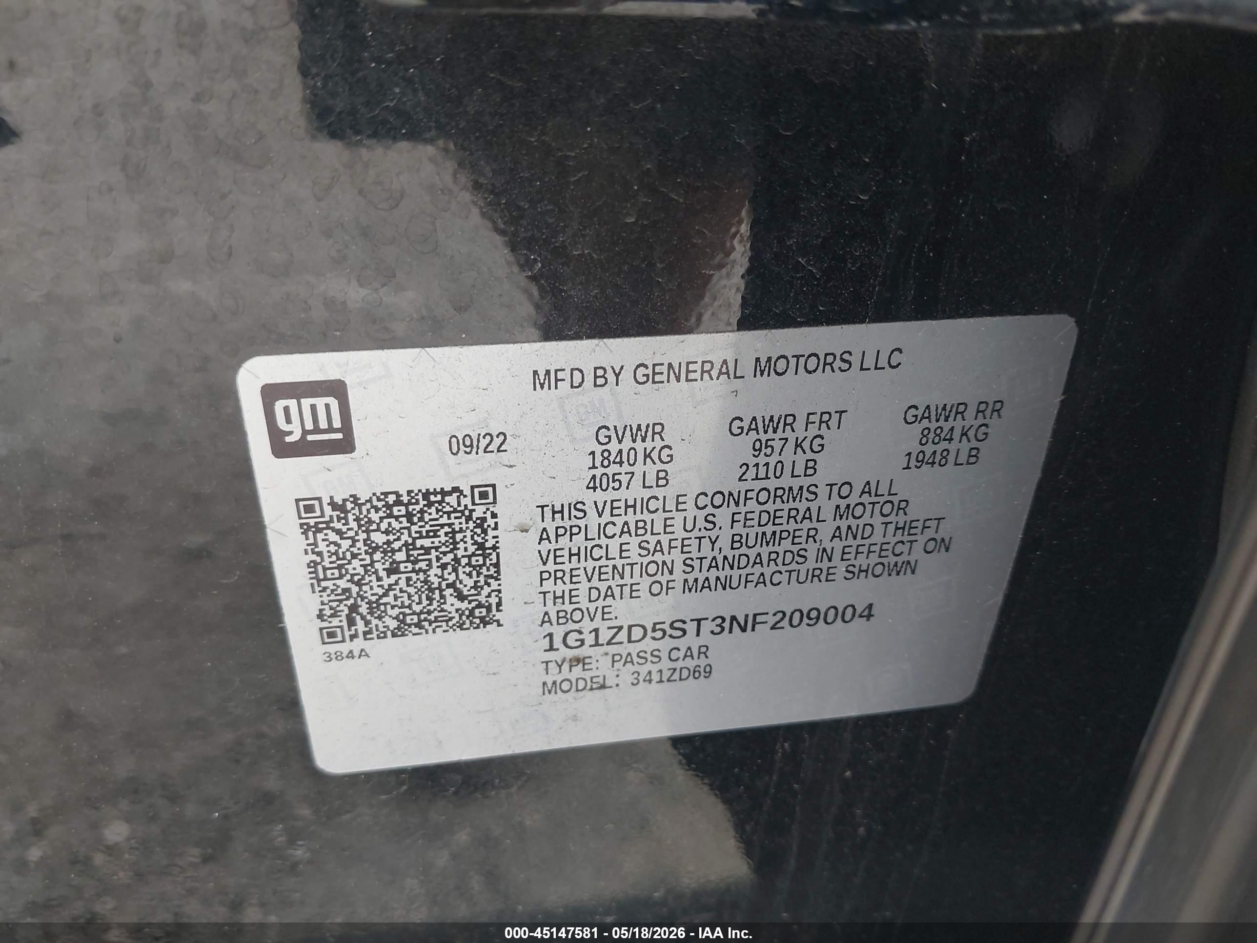 2022 Chevrolet Malibu Fwd Lt Black vin: 1G1ZD5ST3NF209004