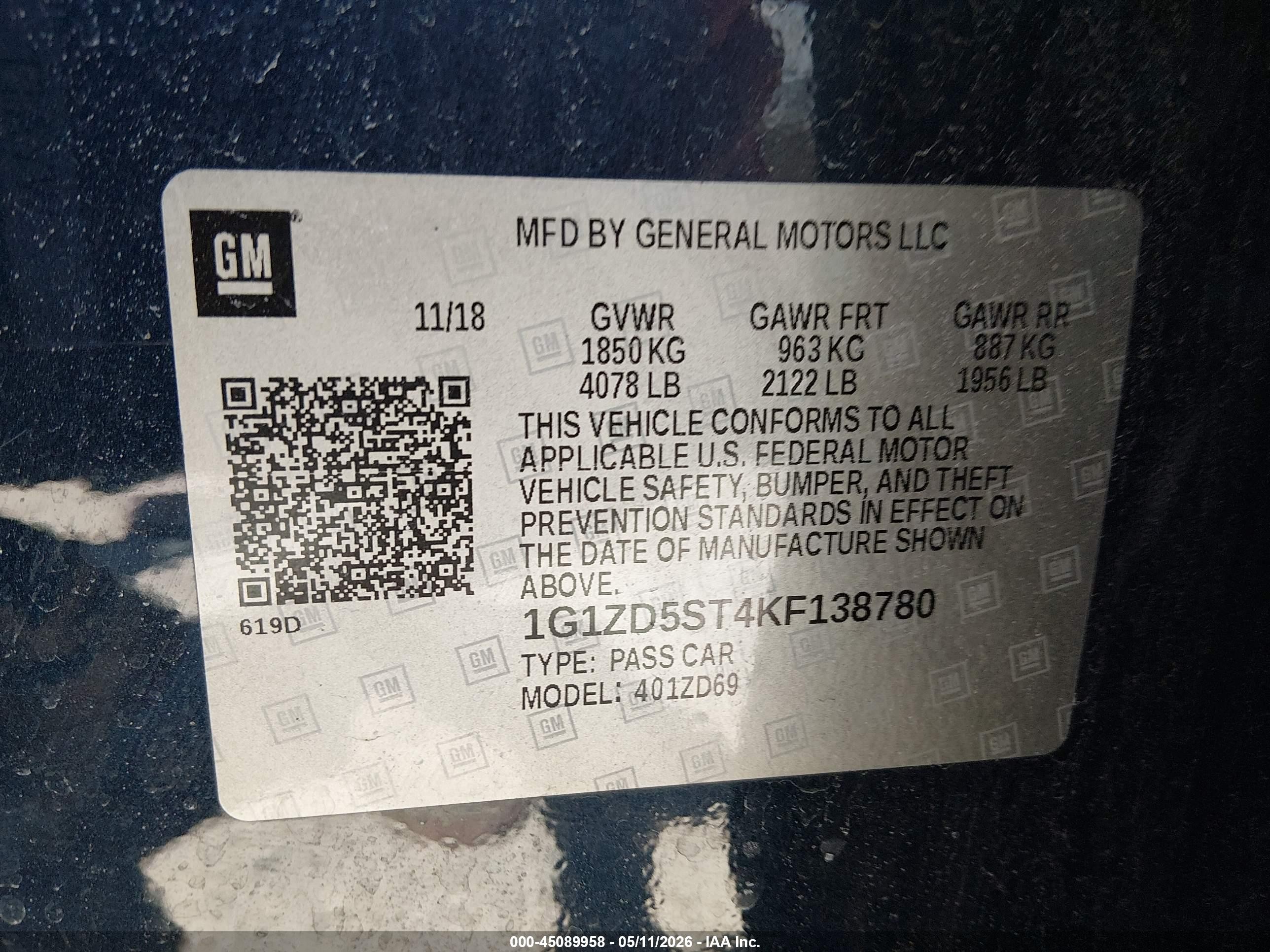 2019 Chevrolet Malibu Lt Blue vin: 1G1ZD5ST4KF138780