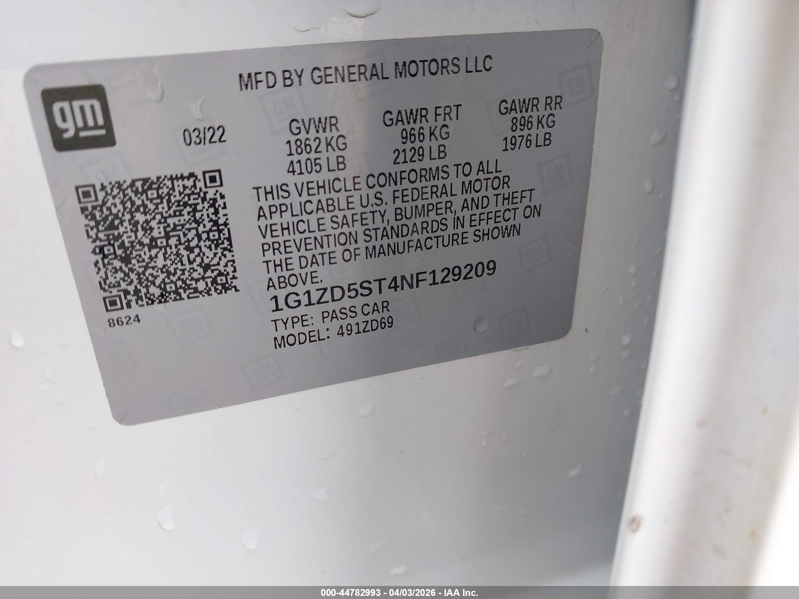 2022 Chevrolet Malibu Fwd Lt White vin: 1G1ZD5ST4NF129209