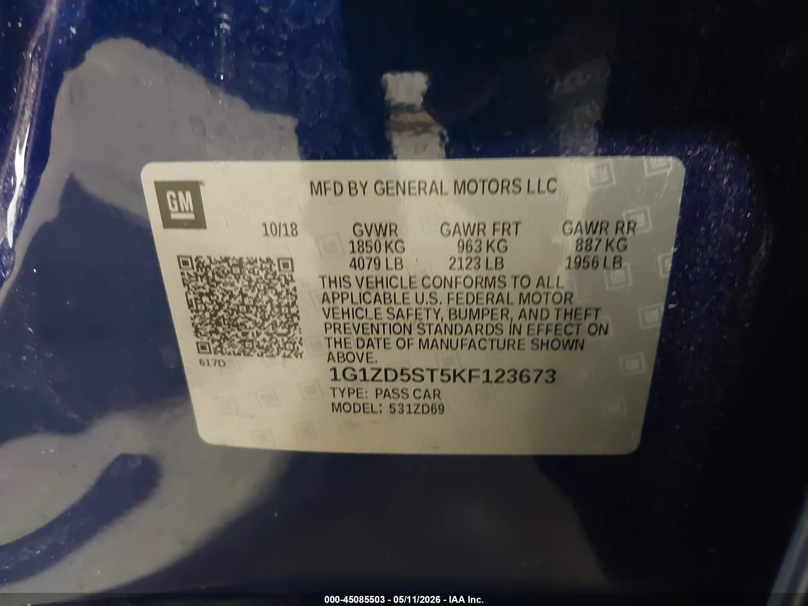 2019 Chevrolet Malibu Lt Blue vin: 1G1ZD5ST5KF123673