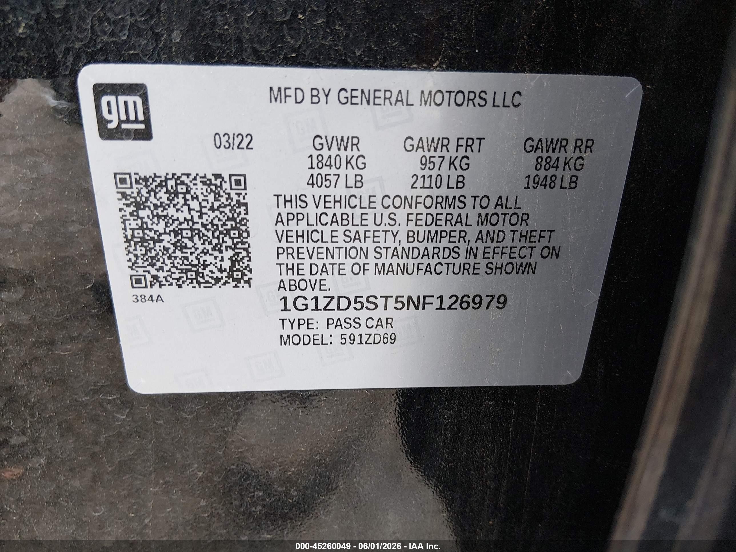 2022 Chevrolet Malibu Fwd Lt Black vin: 1G1ZD5ST5NF126979