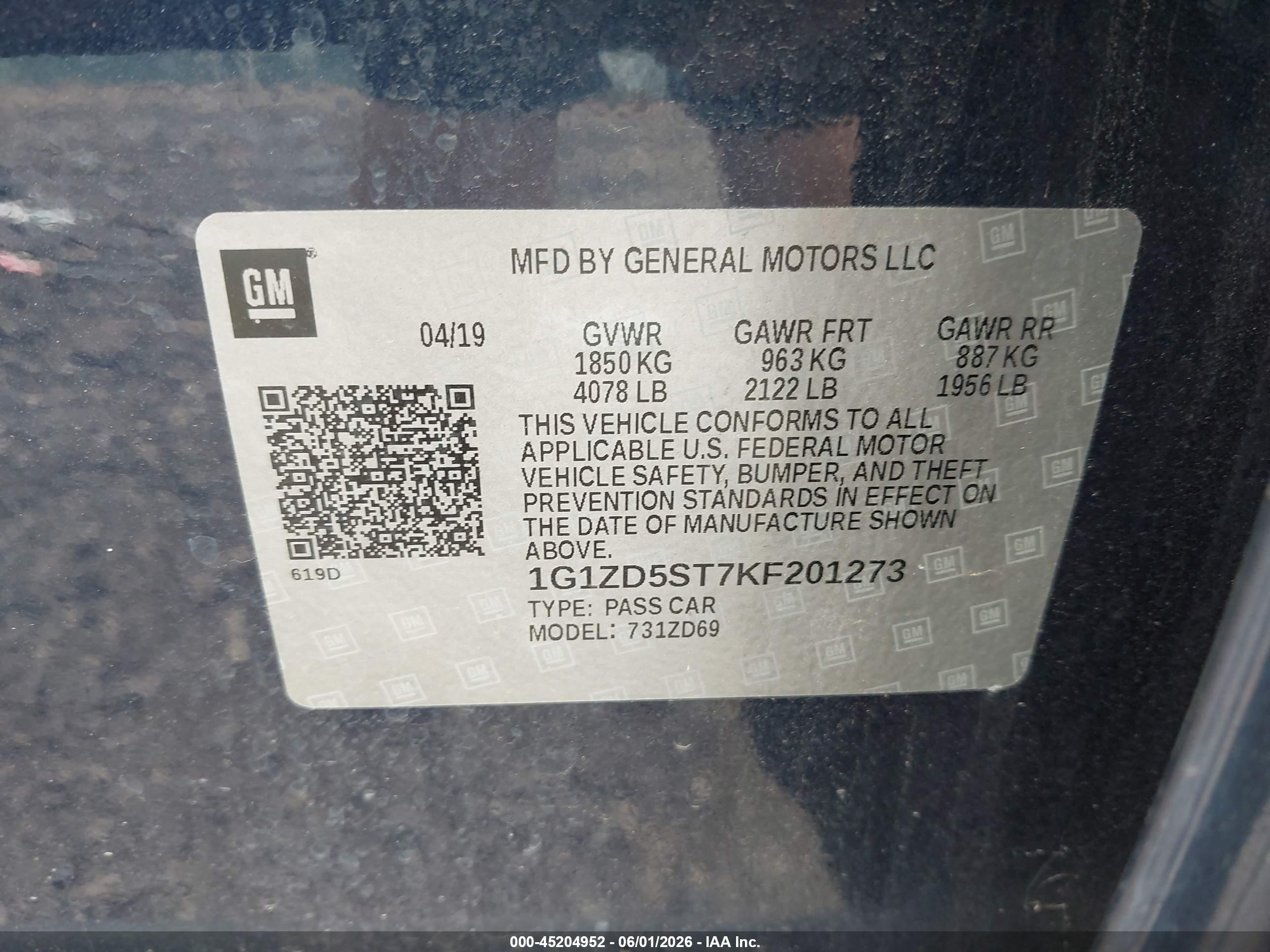 2019 Chevrolet Malibu Lt Blue vin: 1G1ZD5ST7KF201273