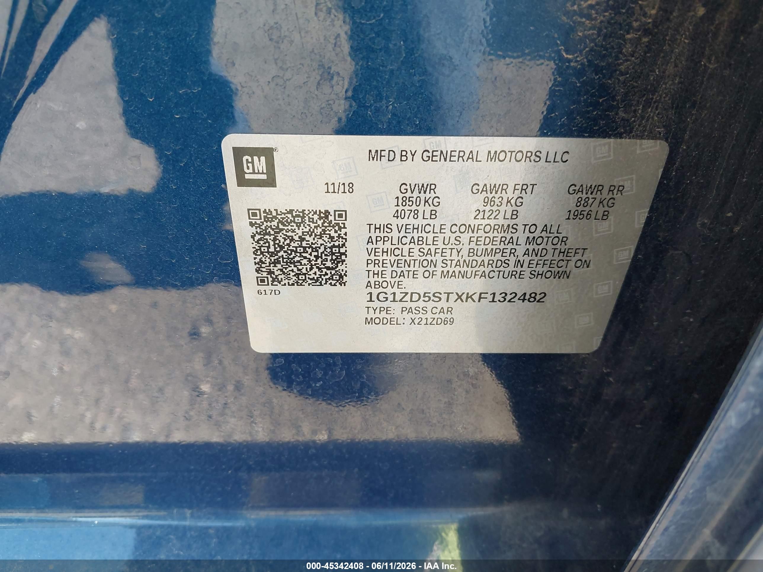 2019 Chevrolet Malibu Lt Blue vin: 1G1ZD5STXKF132482