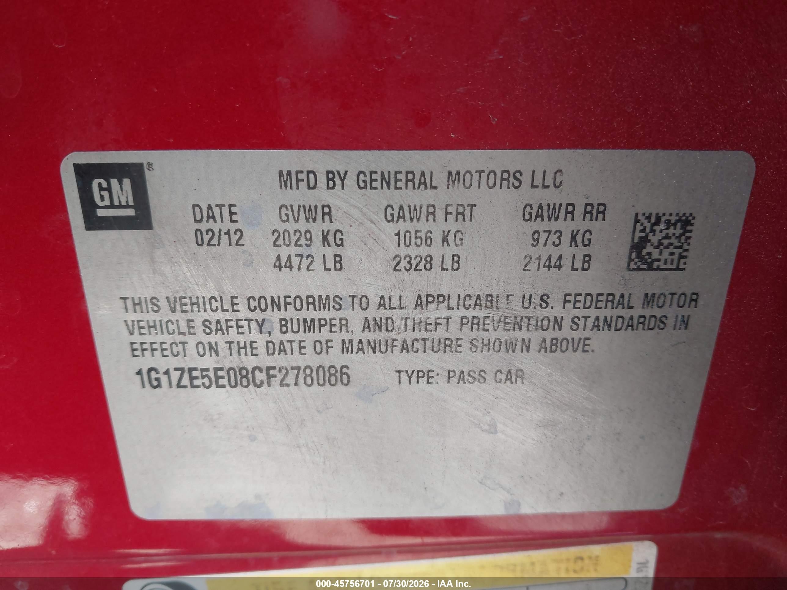 2012 Chevrolet Malibu 1lz Red vin: 1G1ZE5E08CF278086