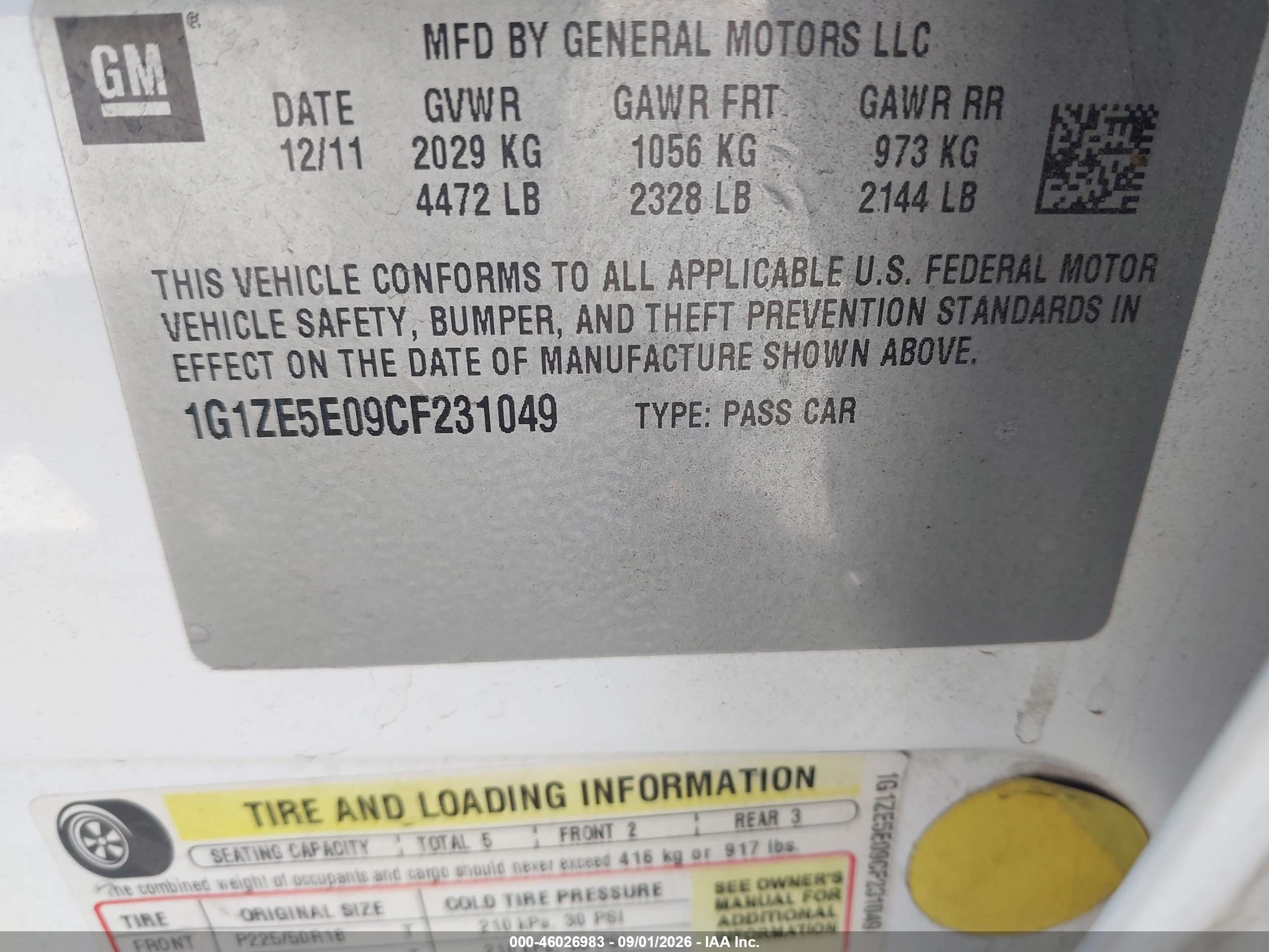 2012 Chevrolet Malibu 1lz White vin: 1G1ZE5E09CF231049