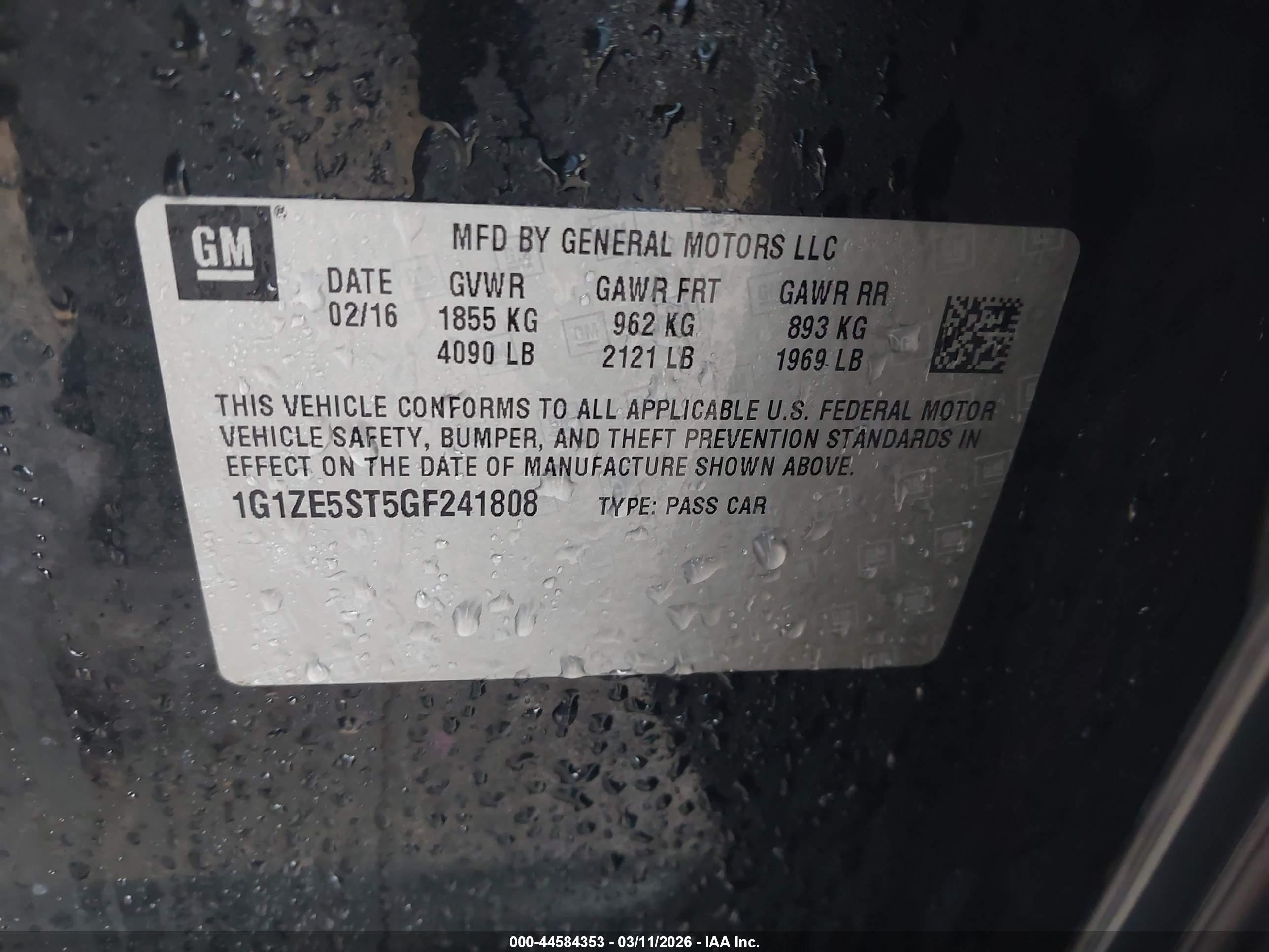 2016 Chevrolet Malibu 1lt Черный vin: 1G1ZE5ST5GF241808