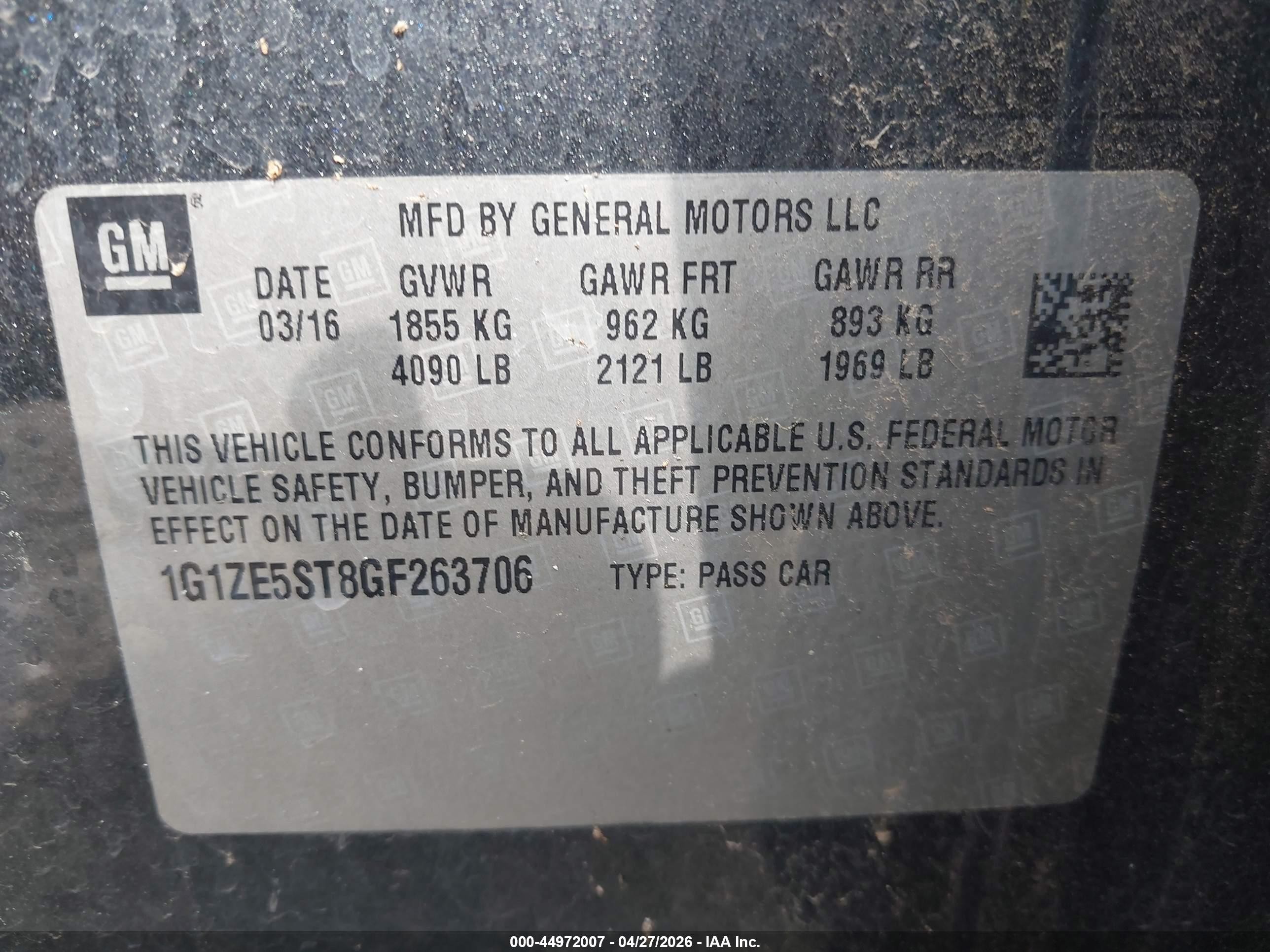 2016 Chevrolet Malibu 1lt Серый vin: 1G1ZE5ST8GF263706