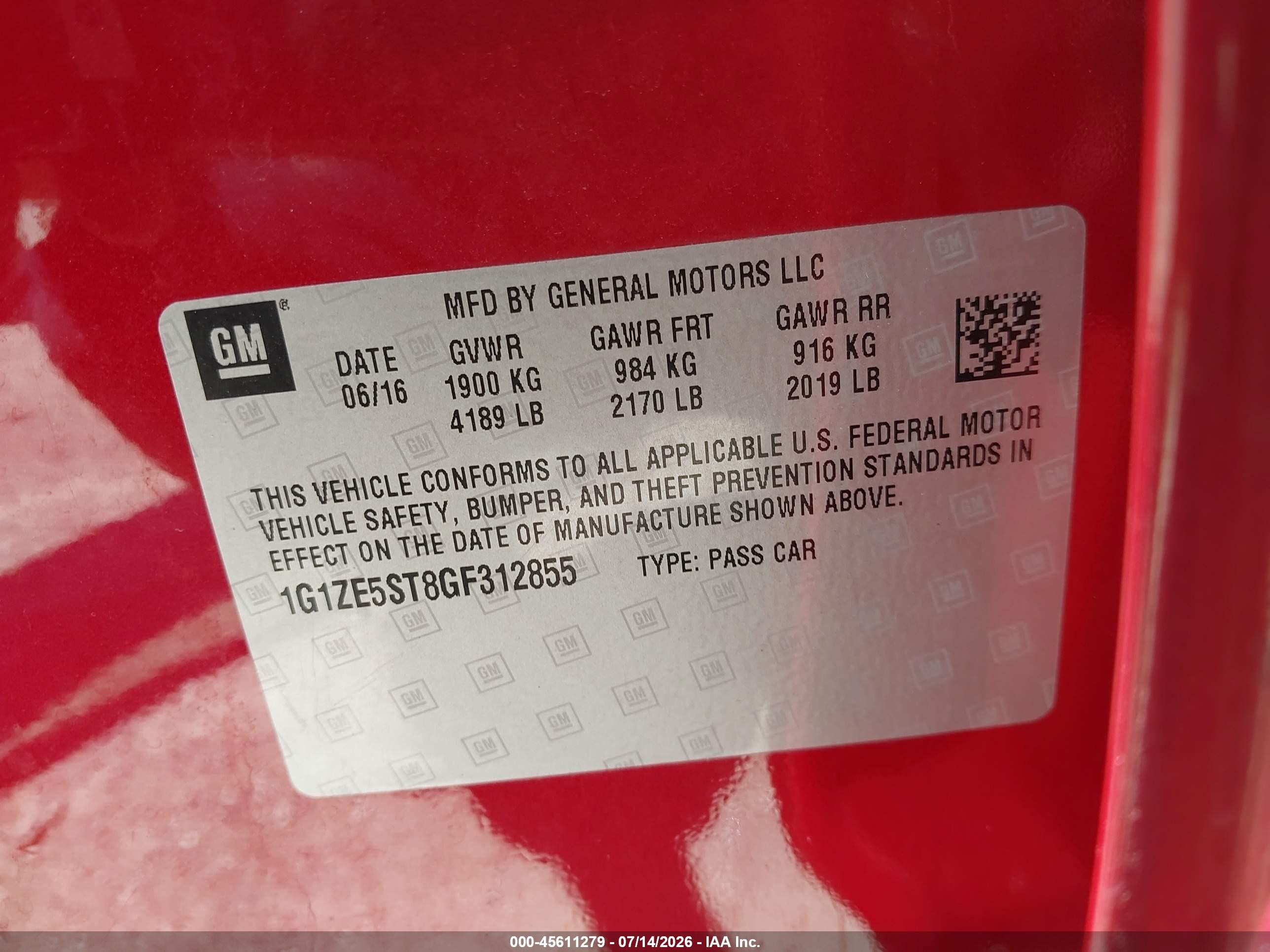 2016 Chevrolet Malibu 1lt Red vin: 1G1ZE5ST8GF312855