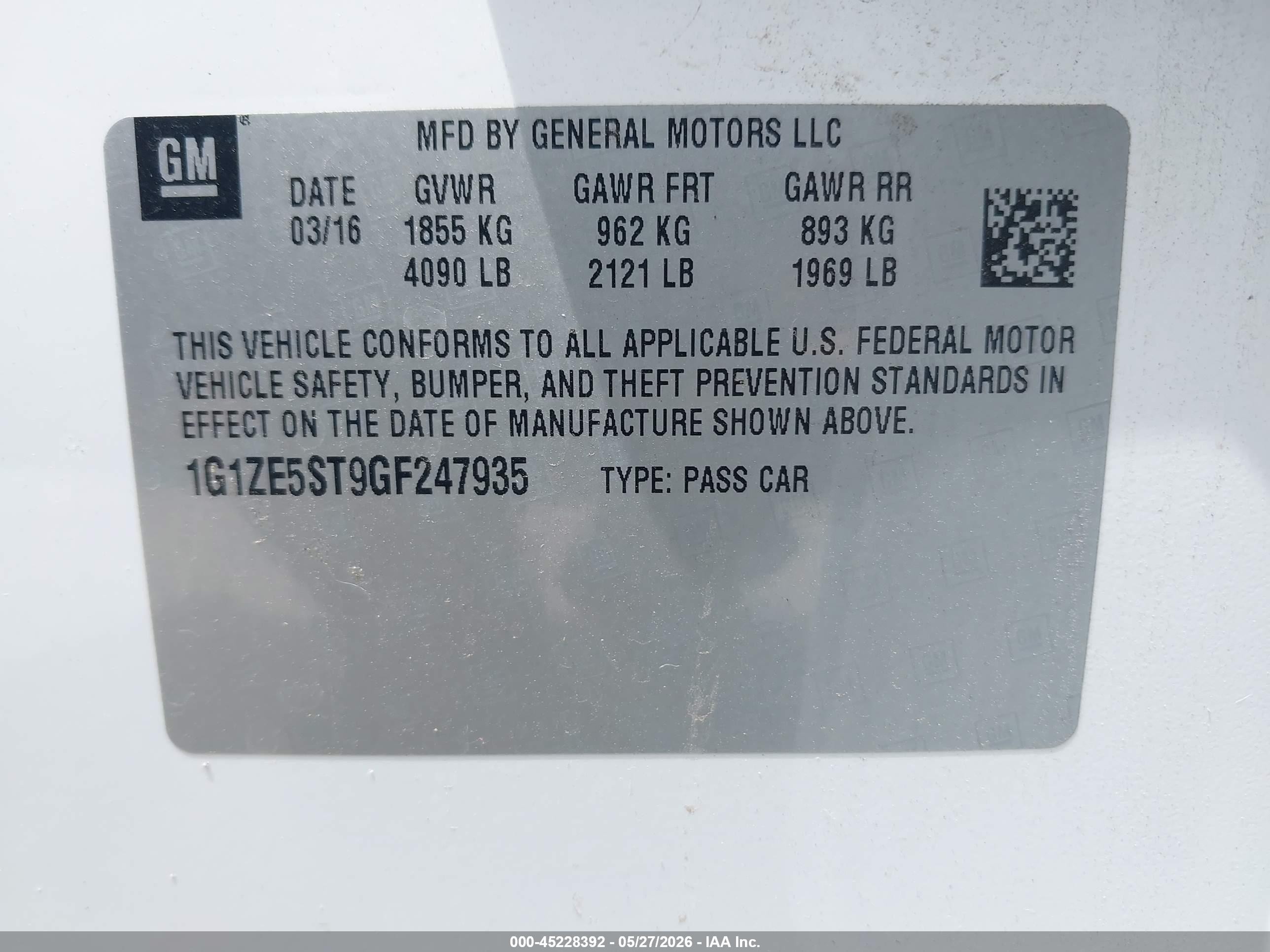2016 Chevrolet Malibu 1lt White vin: 1G1ZE5ST9GF247935