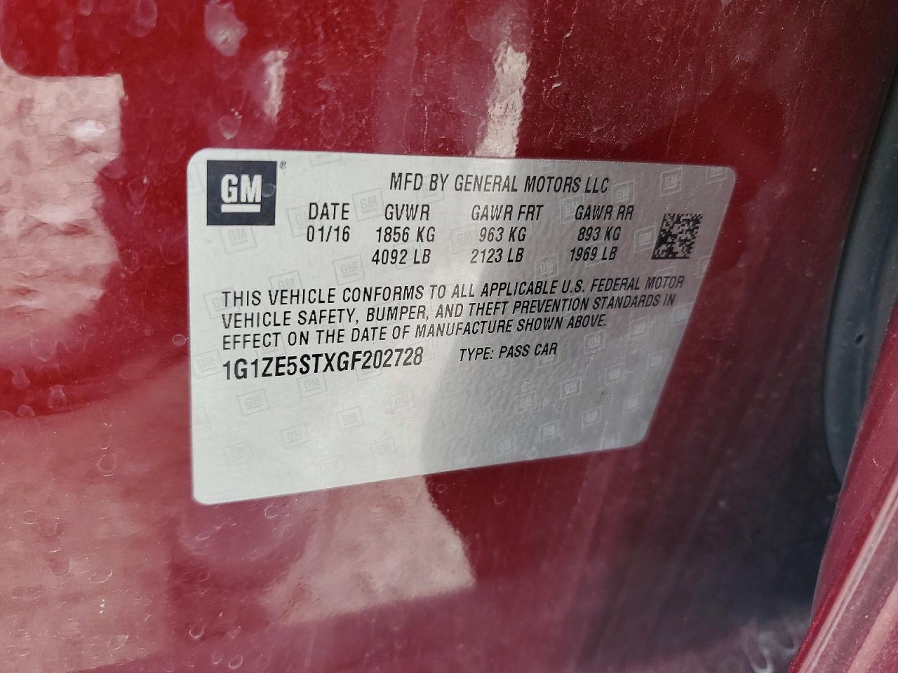 2016 Chevrolet Malibu Lt Burgundy vin: 1G1ZE5STXGF202728