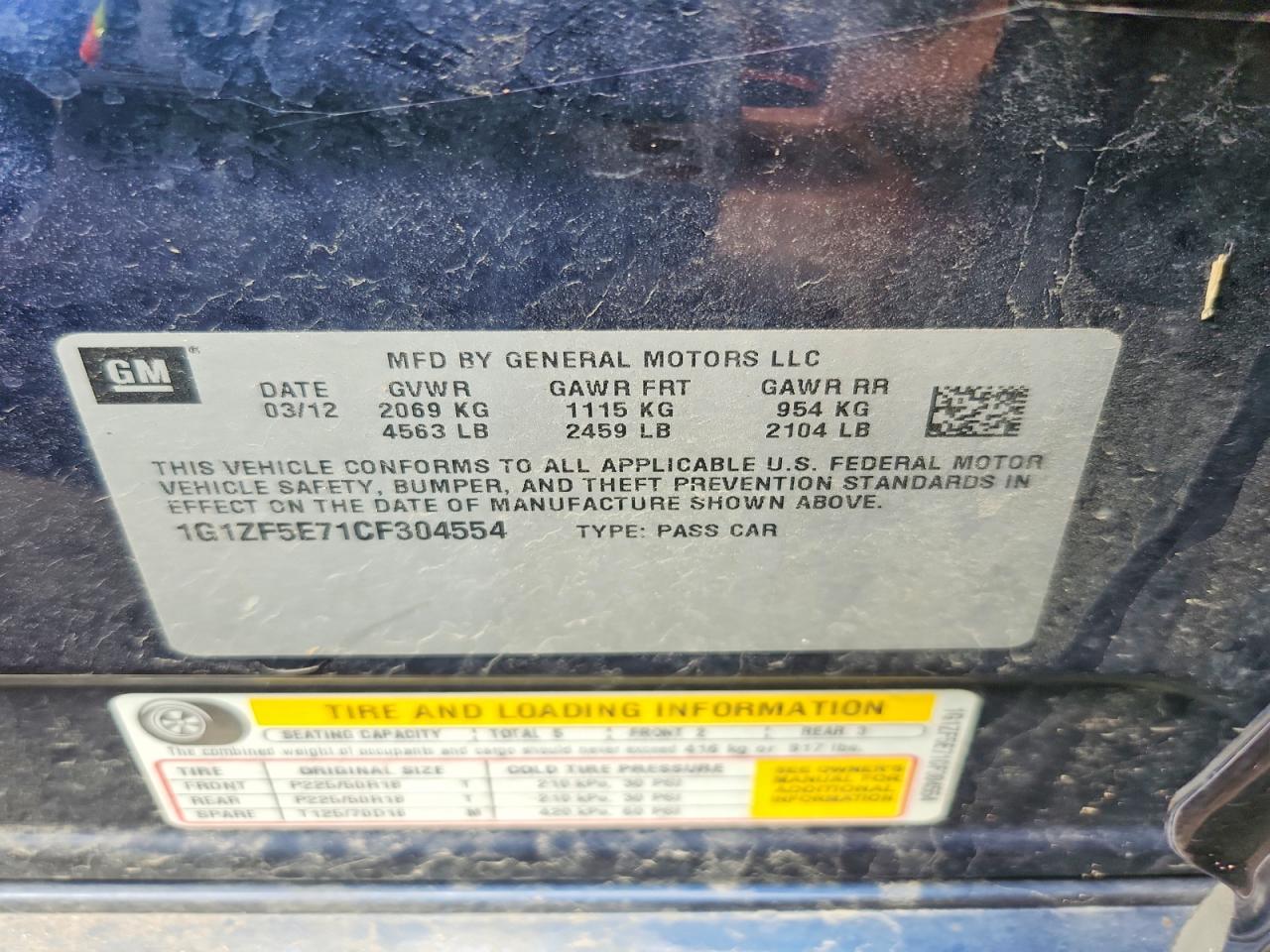 2012 Chevrolet Malibu 3lt Blue vin: 1G1ZF5E71CF304554