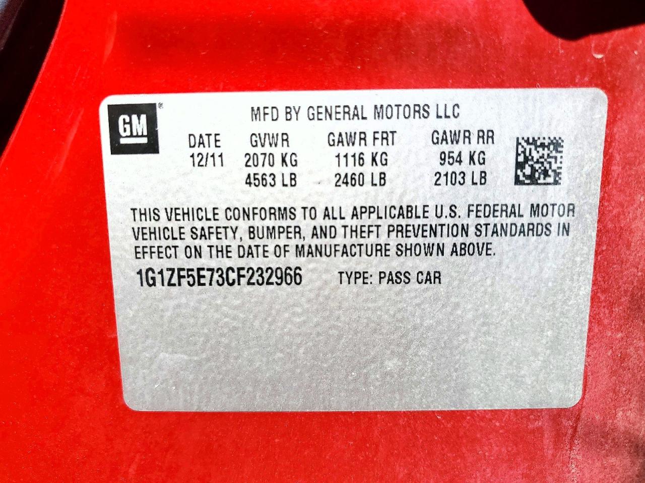 2012 Chevrolet Malibu 3lt Red vin: 1G1ZF5E73CF232966