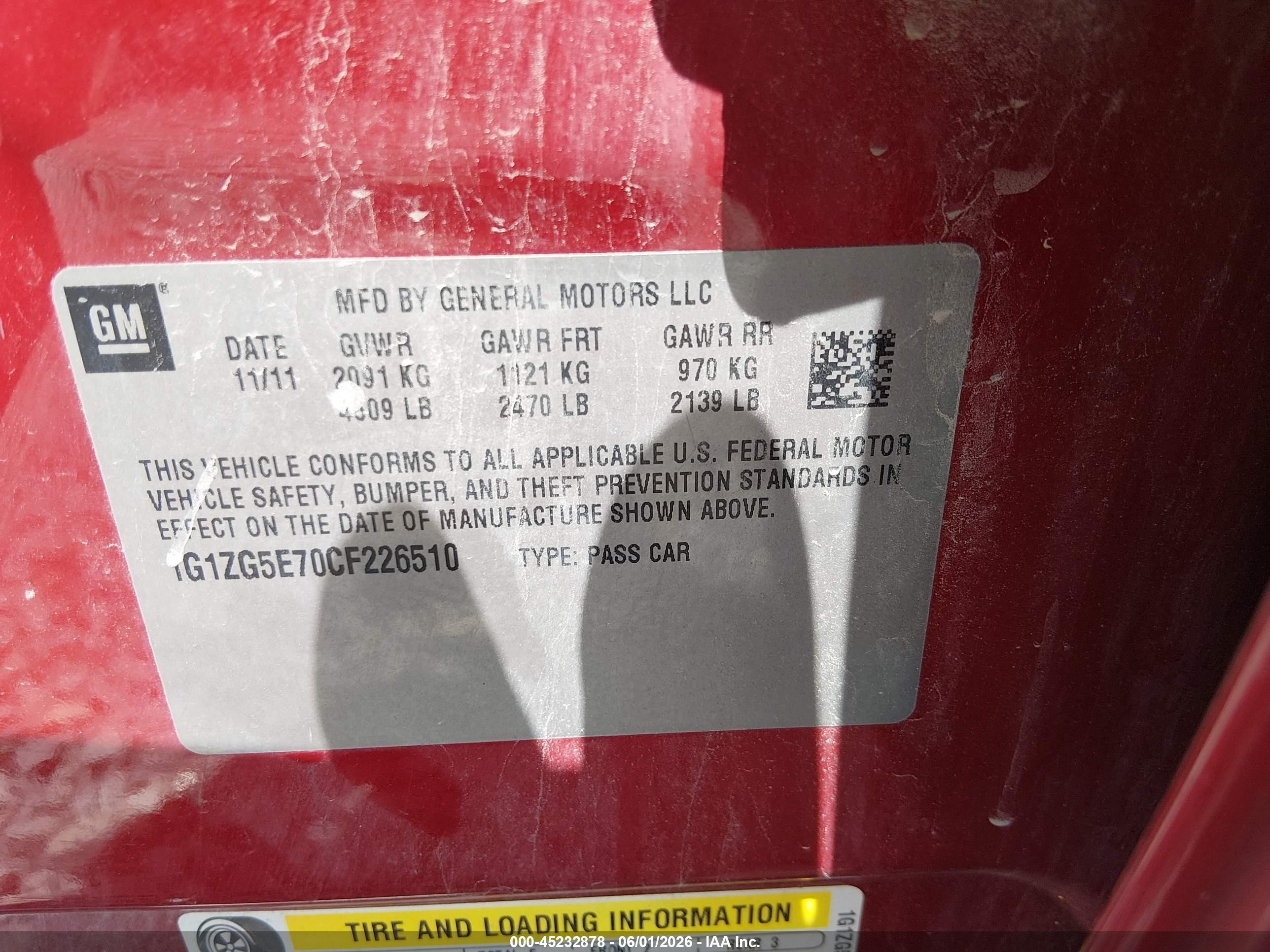 2012 Chevrolet Malibu 2lz Red vin: 1G1ZG5E70CF226510