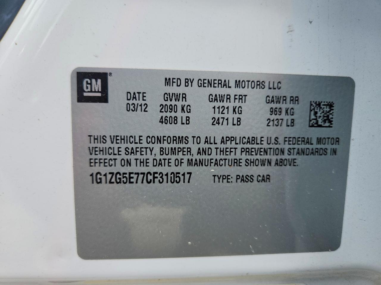 2012 Chevrolet Malibu Ltz White vin: 1G1ZG5E77CF310517