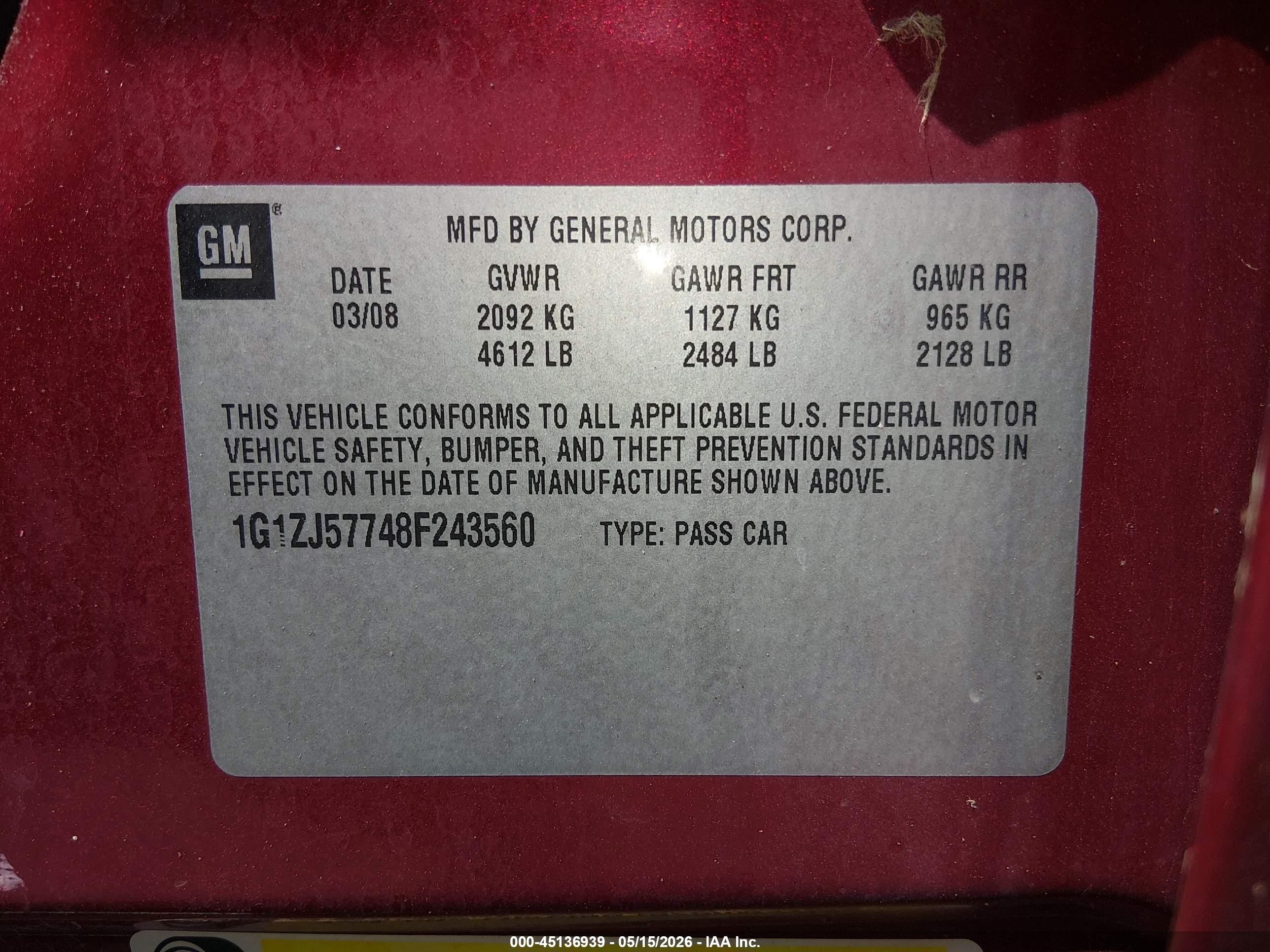 2008 Chevrolet Malibu Lt Red vin: 1G1ZJ57748F243560