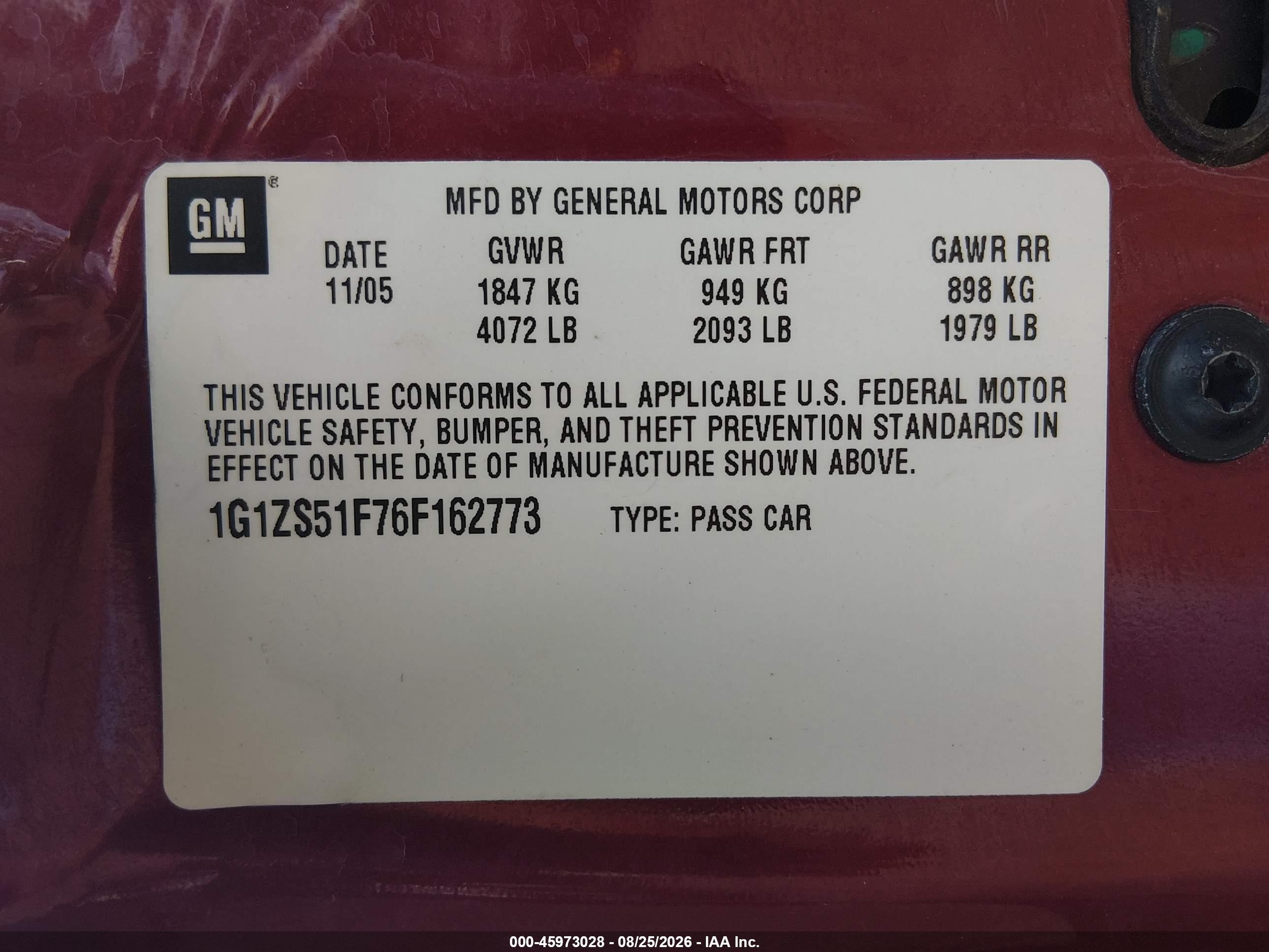 2006 Chevrolet Malibu Ls Burgundy vin: 1G1ZS51F76F162773