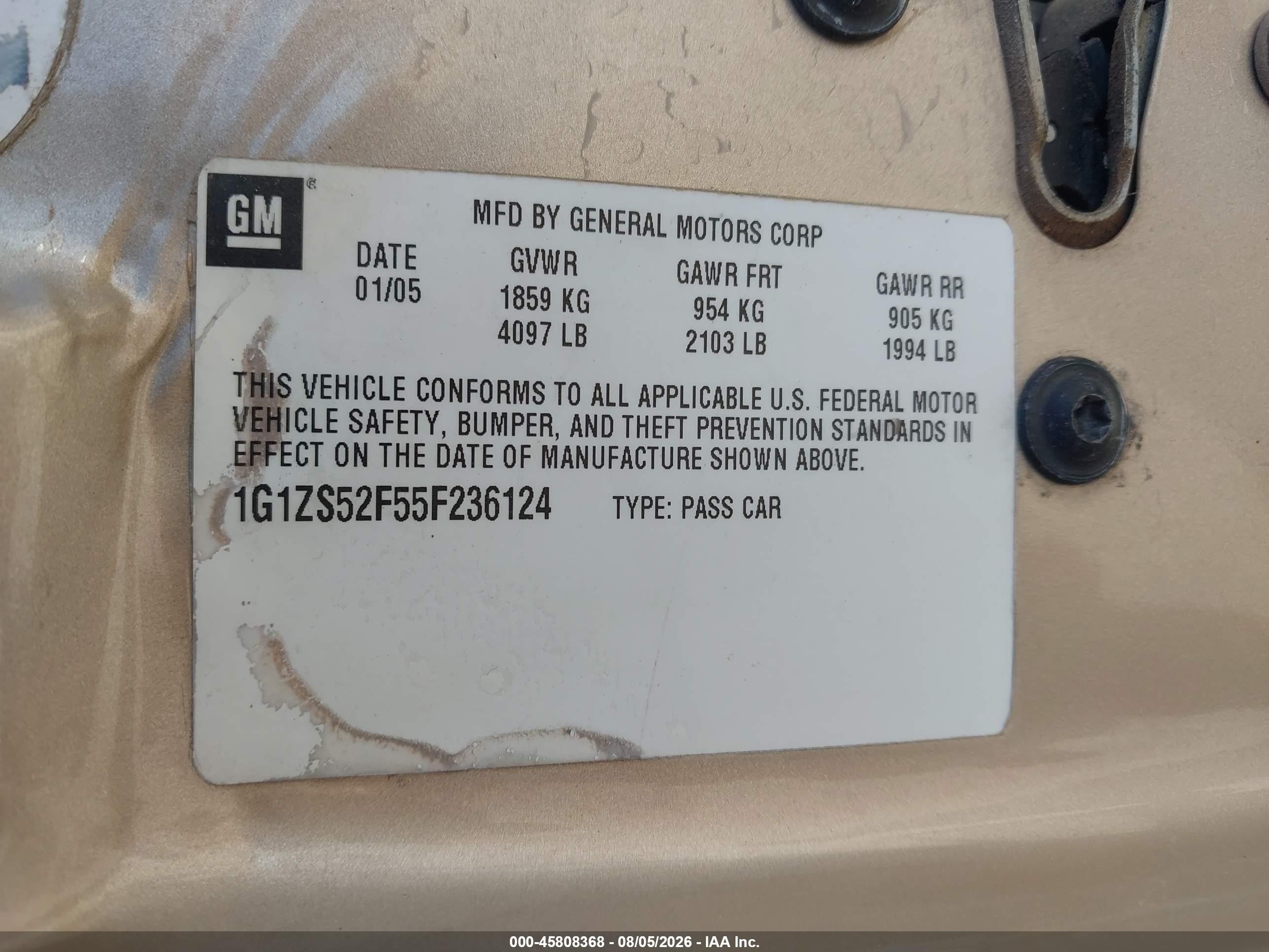 2005 Chevrolet Malibu   Gold vin: 1G1ZS52F55F236124