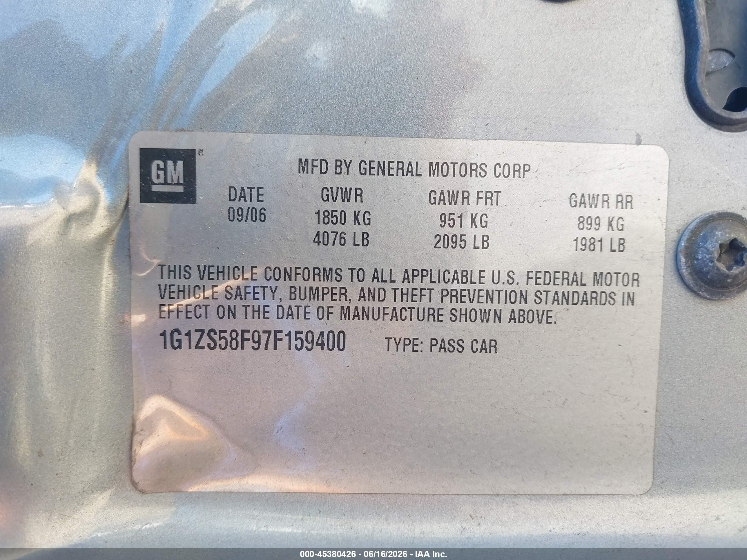 2007 Chevrolet Malibu Ls W/1ls Light Blue vin: 1G1ZS58F97F159400