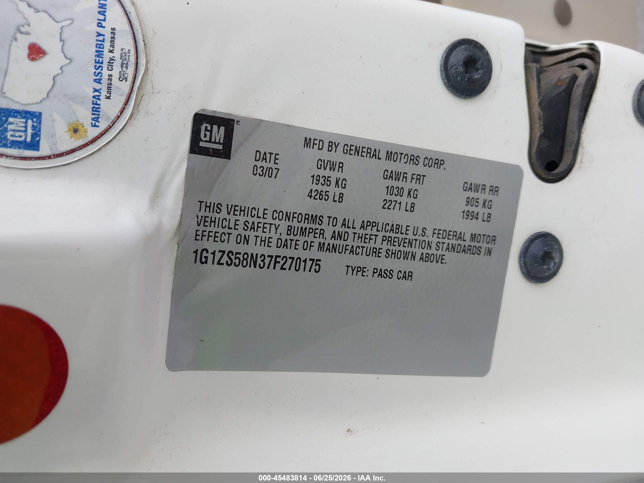 2007 Chevrolet Malibu Ls W/2fl White vin: 1G1ZS58N37F270175